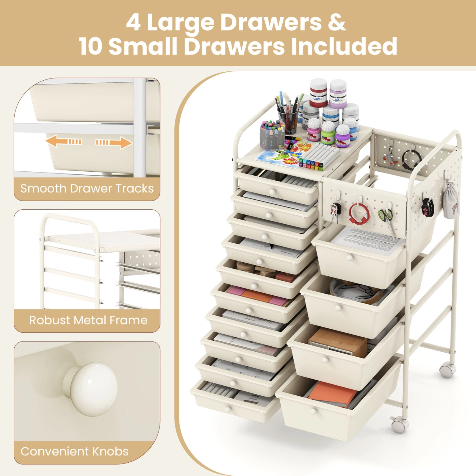 SUGIFT 14-Drawer Rolling Storage Cart with Metal Tabletop and Pegboard 34.5-in Tall White