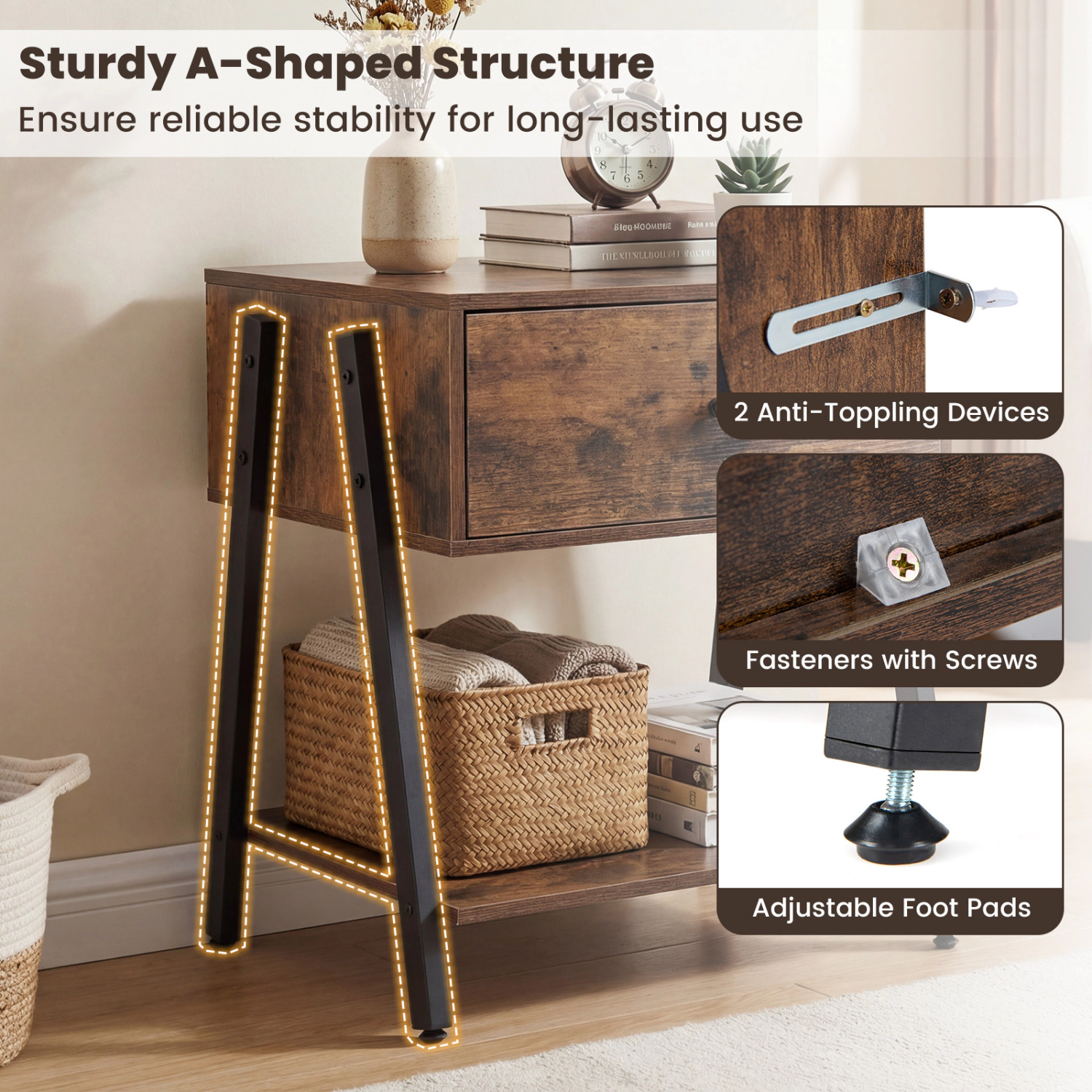 Hivvago Industrial Nightstand with Drawer and Adjustable Foot Pads for Bedroom