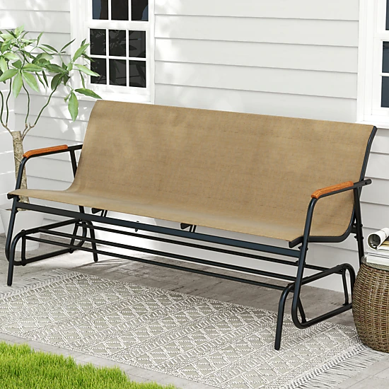 LJG Patio Glider Bench with Curved Teak Armrests and Breathable Fabric Seat for 3 People