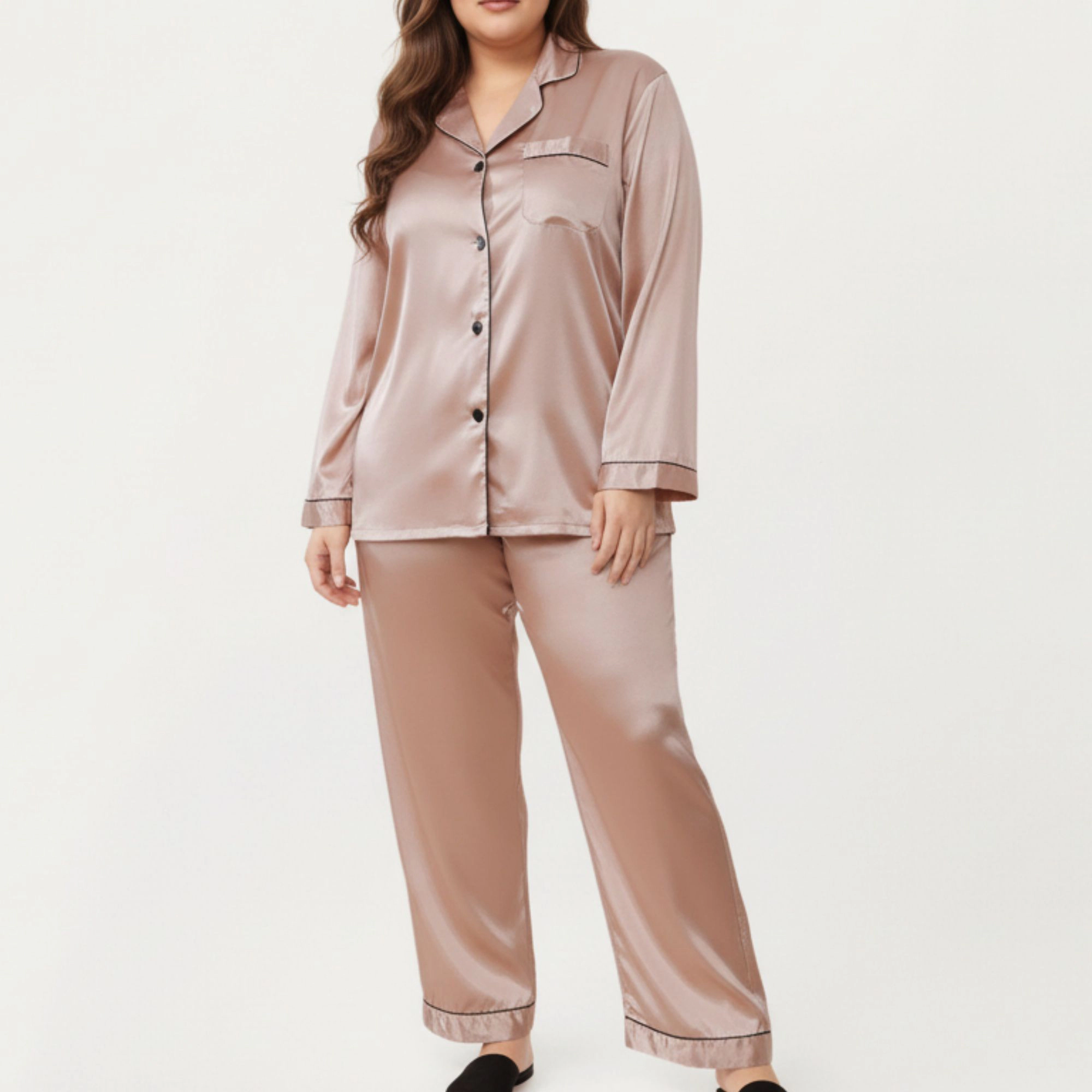 Anna-Kaci Women's Plus Satin Pajama Set with Long Sleeve Button Front Top and Relaxed Straight Leg Pants