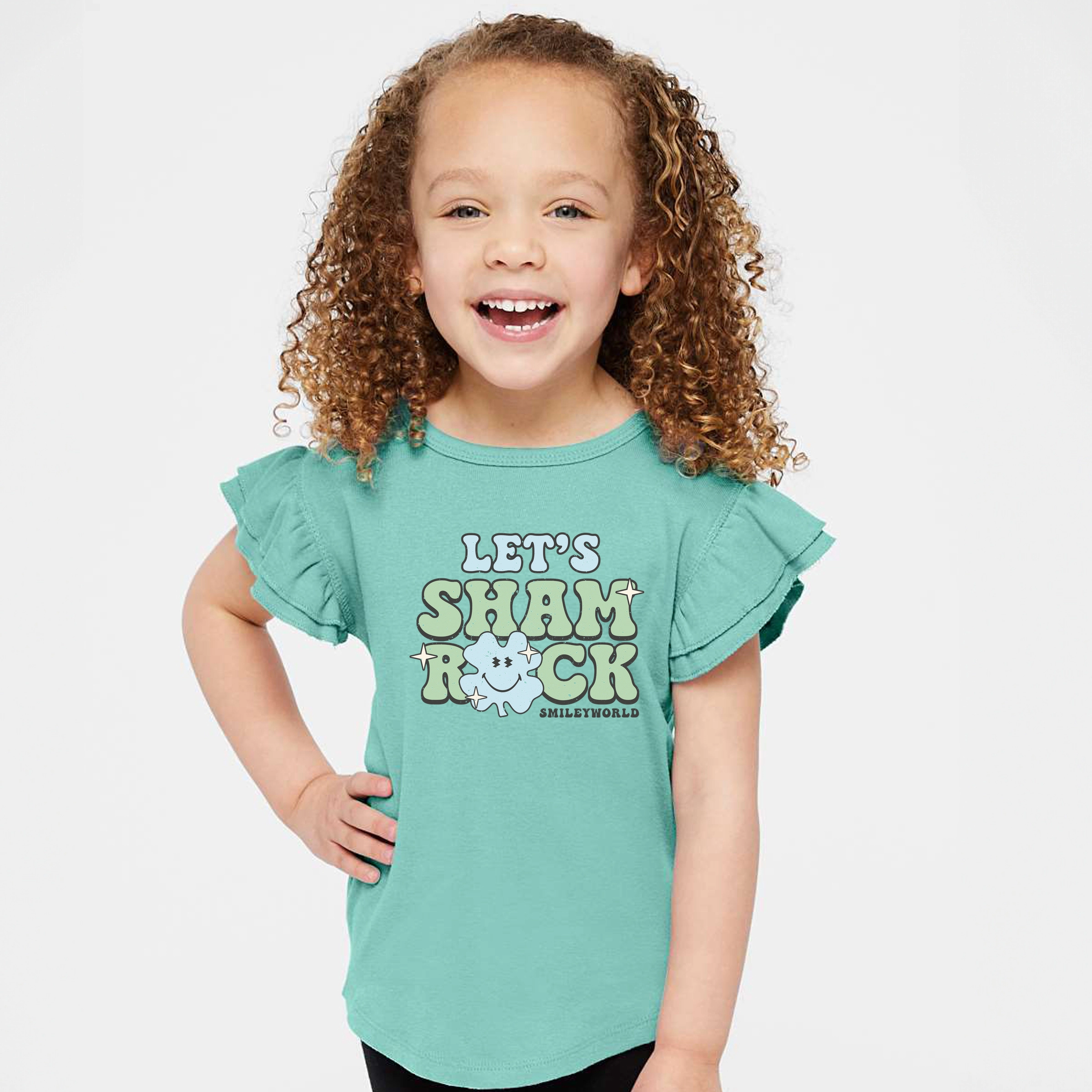 The Juniper Shop - Girl's Flutter Sleeve Graphic T-Shirt - SmileyWorld Let's Shamrock