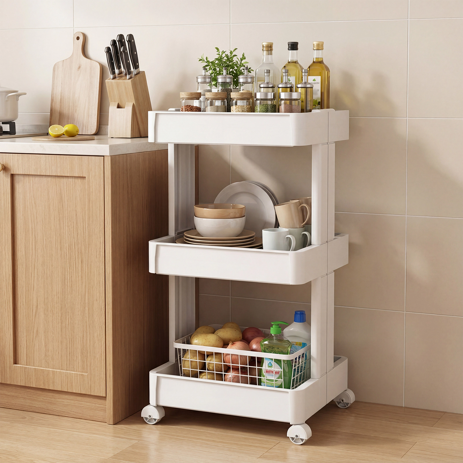 SUGIFT 3-Tier Rolling Utility Cart with Detachable Ventilated Trays 80-lb Capacity Smooth Wheels White