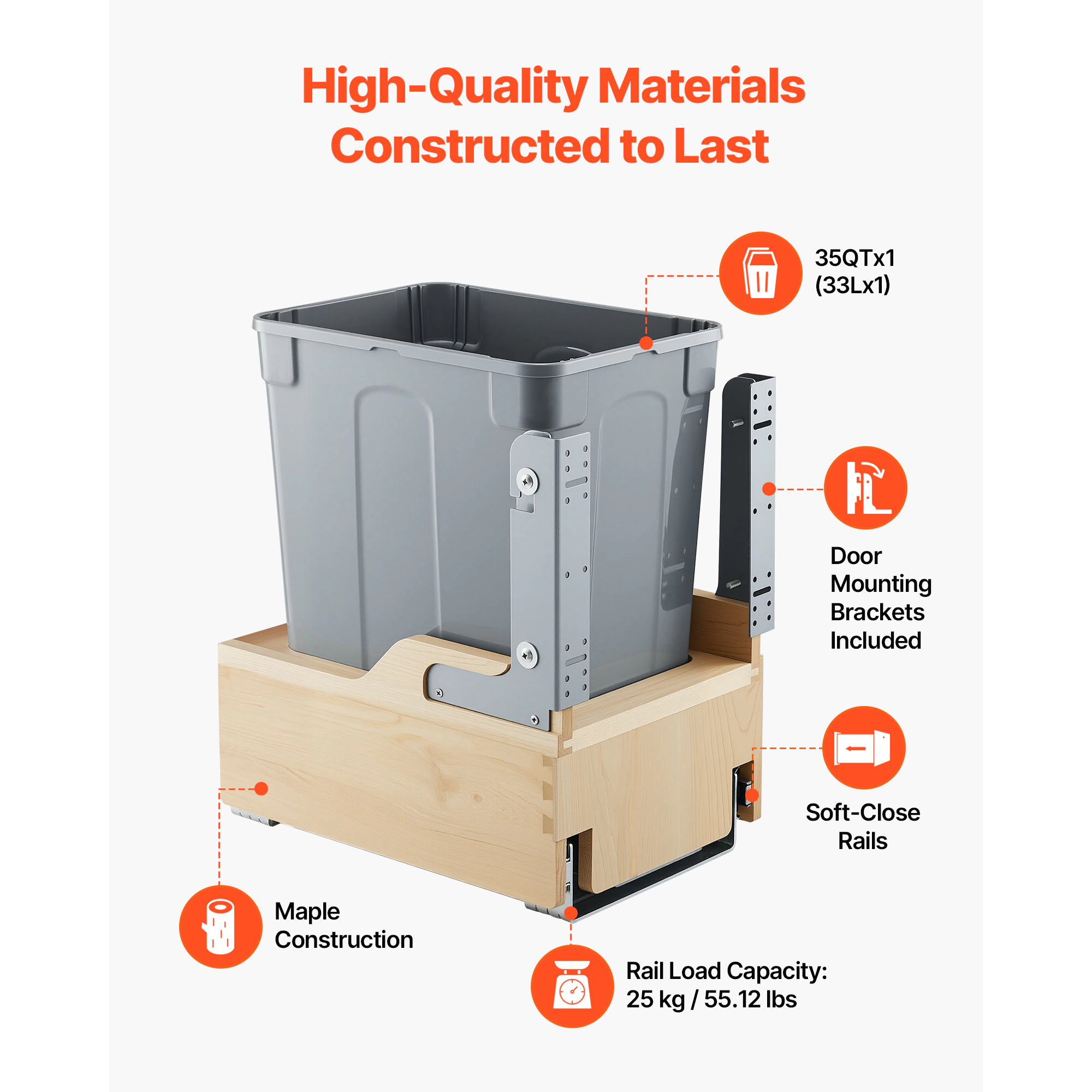 HONGGE Pullout Trash Can for Kitchen Cabinets 35 QT Garbage Waste Recycling Bin Under Mount Waste Container with Heavy