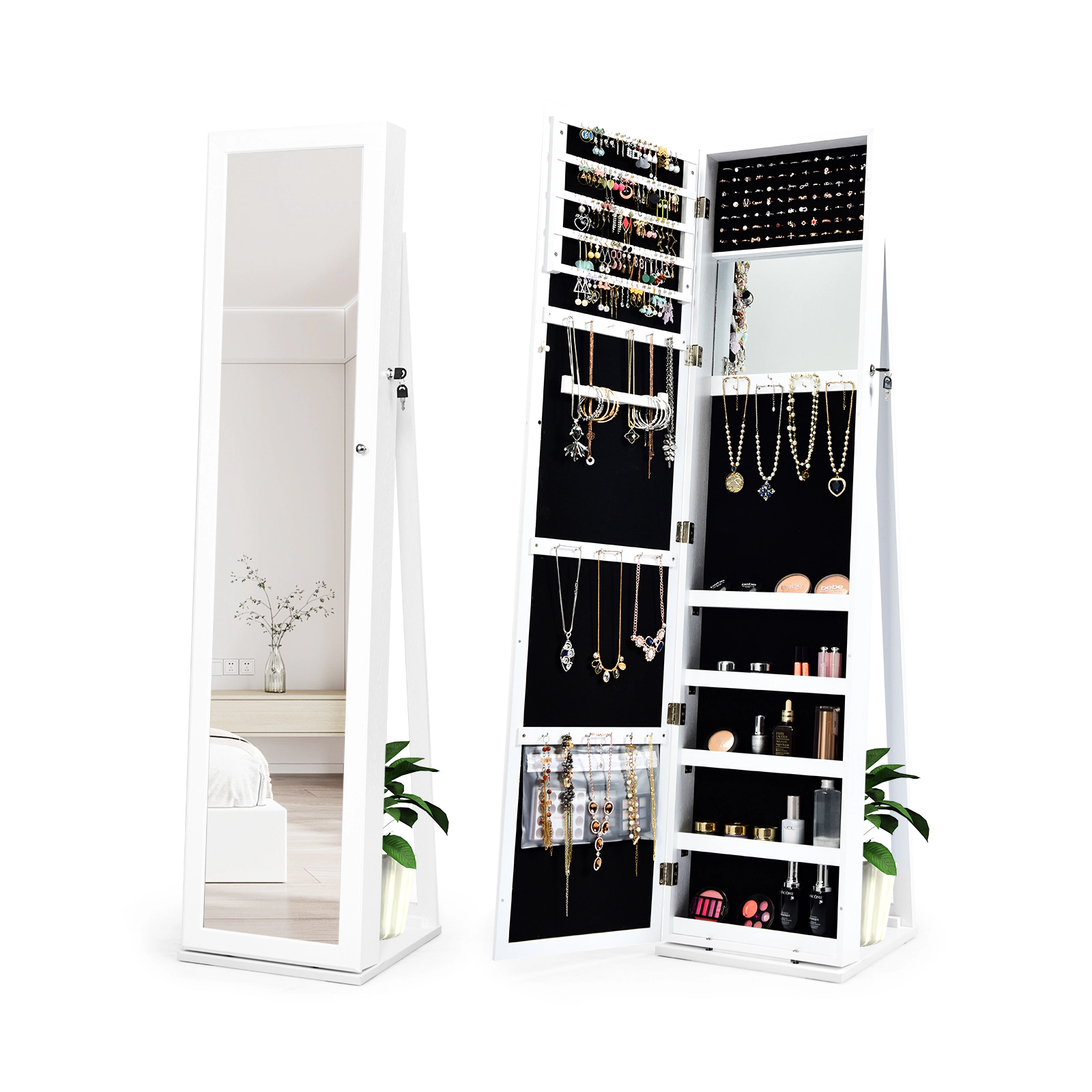SUGIFT White Standing Jewelry Storage Organizer with Full-Length Mirror Lockable Armoire and Velvet Shelves