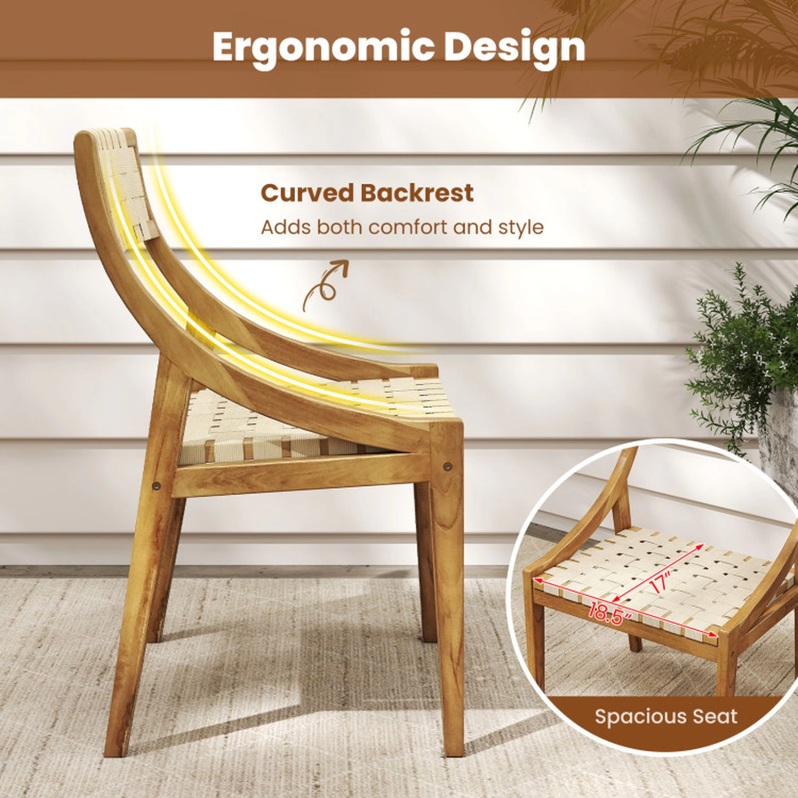 SUGIFT Set of 4 Teak Wood PP Webbing Seat Outdoor Dining Chairs 21-in x 20.5-in x 33-in 300-lb Capacity Natural