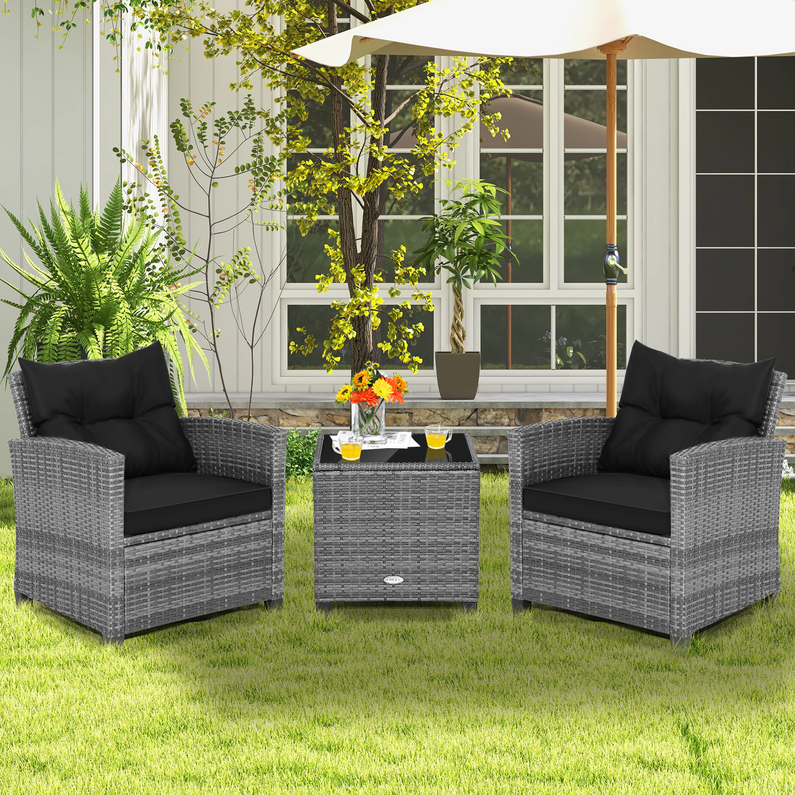 SUGIFT Tempered Glass Top Side Table 3-Piece Outdoor Wicker Conversation Set