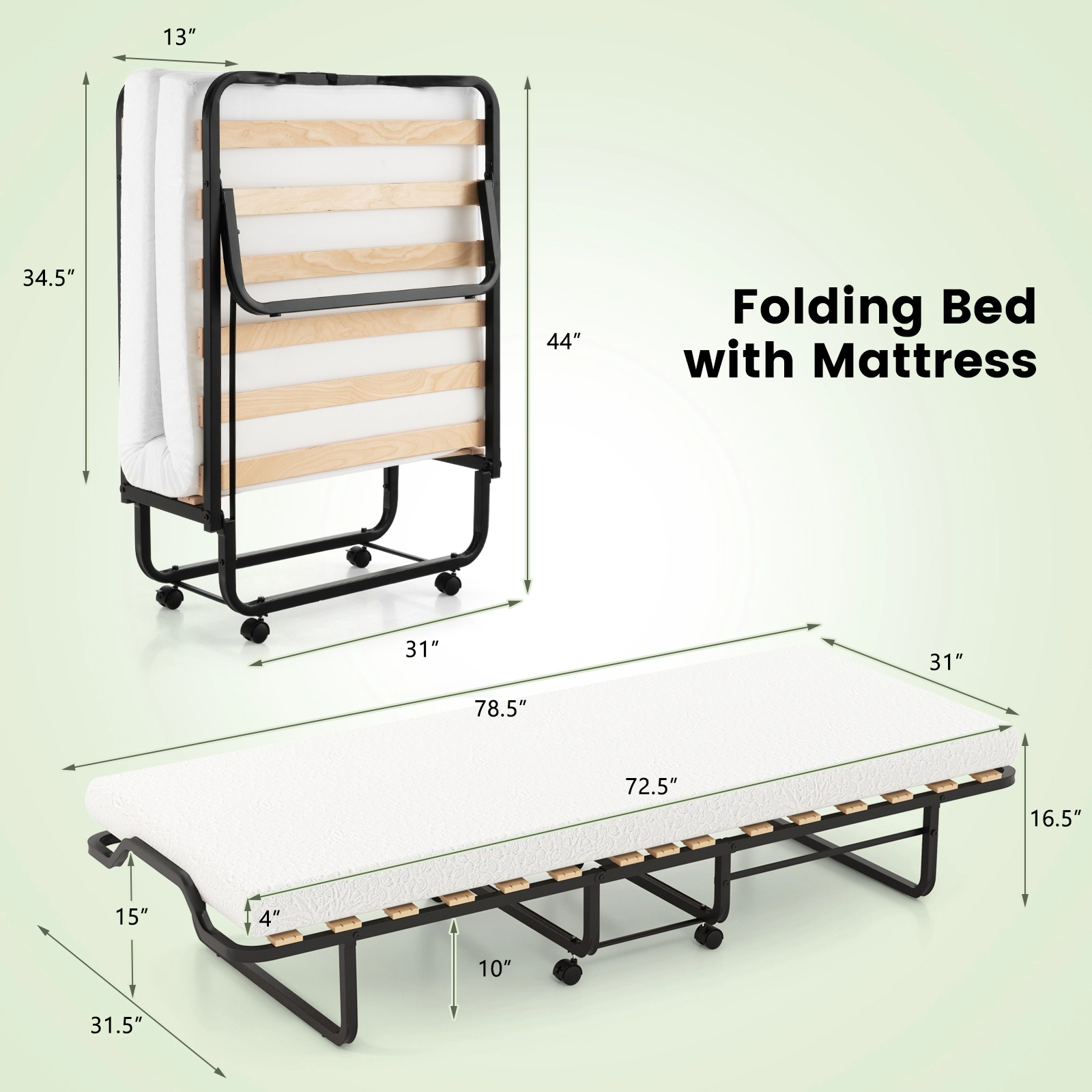 SUGIFT Twin Size Folding Bed with 4-in Foam Mattress and Lockable Wheels 490-lb Capacity Black and White