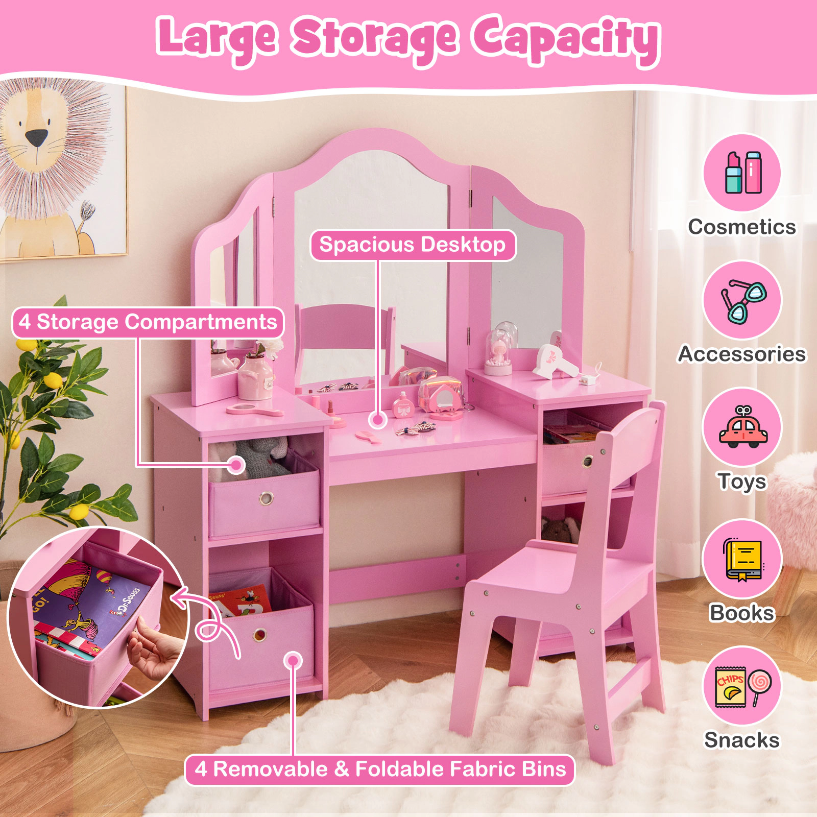 SUGIFT 2-Piece Pink Kids Vanity Table and Chair Set, 3 Removable Mirrors, 4 Fabric Bins