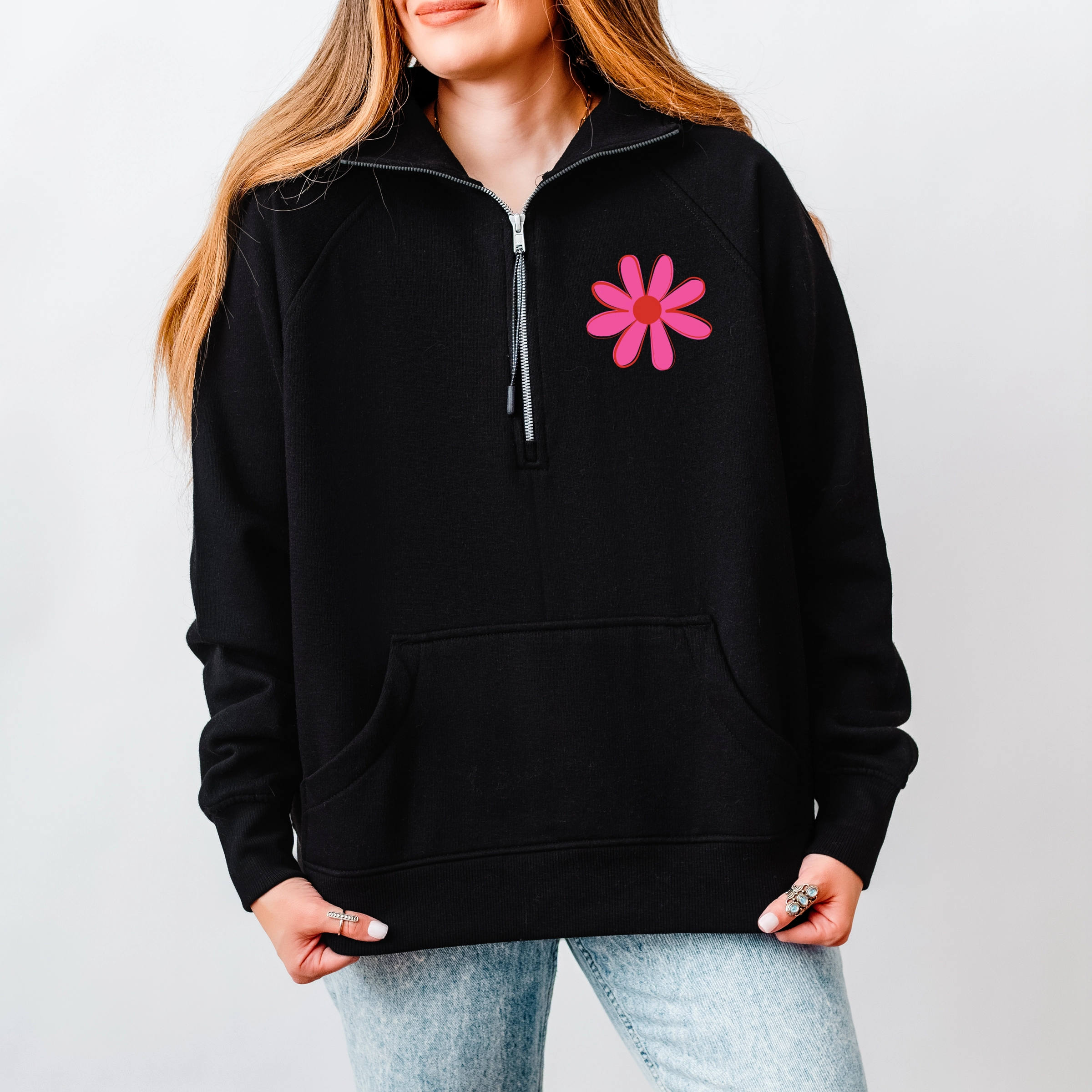 Simply Sage Market - Happy Vibes Flower Women's Quarter Zip Fleece Graphic Sweatshirt