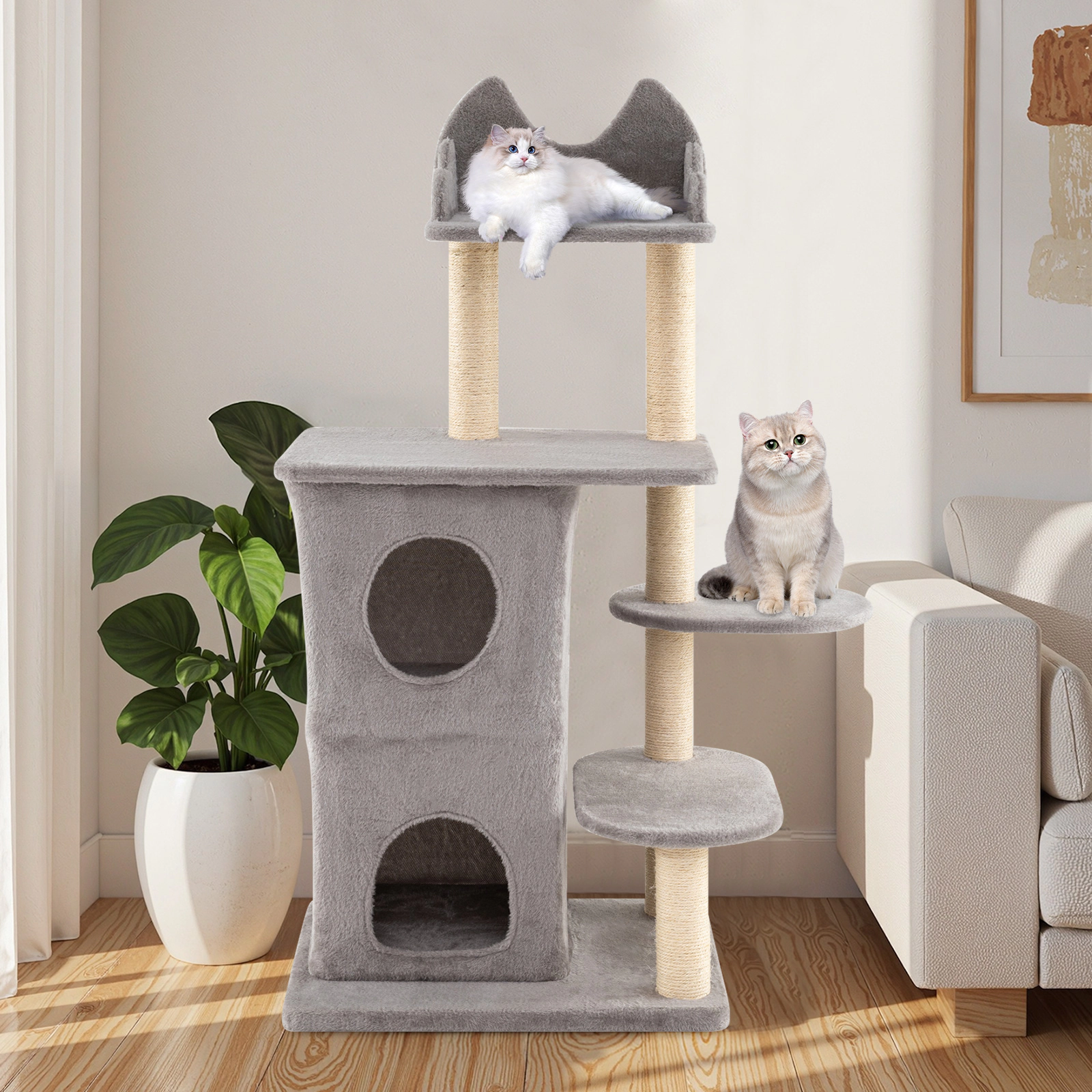 SUGIFT 48.5-in Gray Multi-Level Cat Tree for Large Cats with 2-Story Condo 3 Caves and Sisal Posts