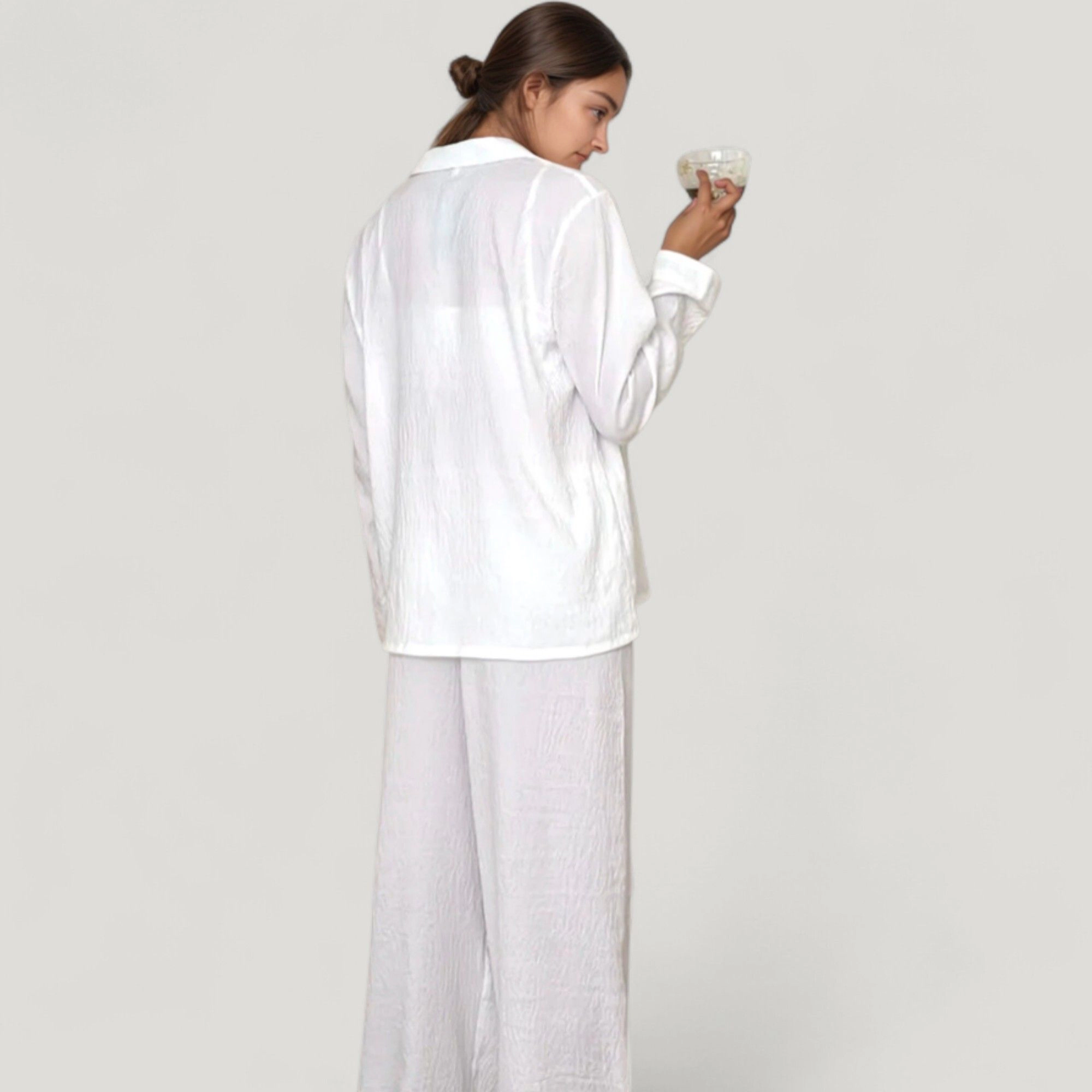 Anna-Kaci Women's Textured Button Down Pajama Set with Relaxed Fit Long Sleeve Shirt and Wide Leg Pants