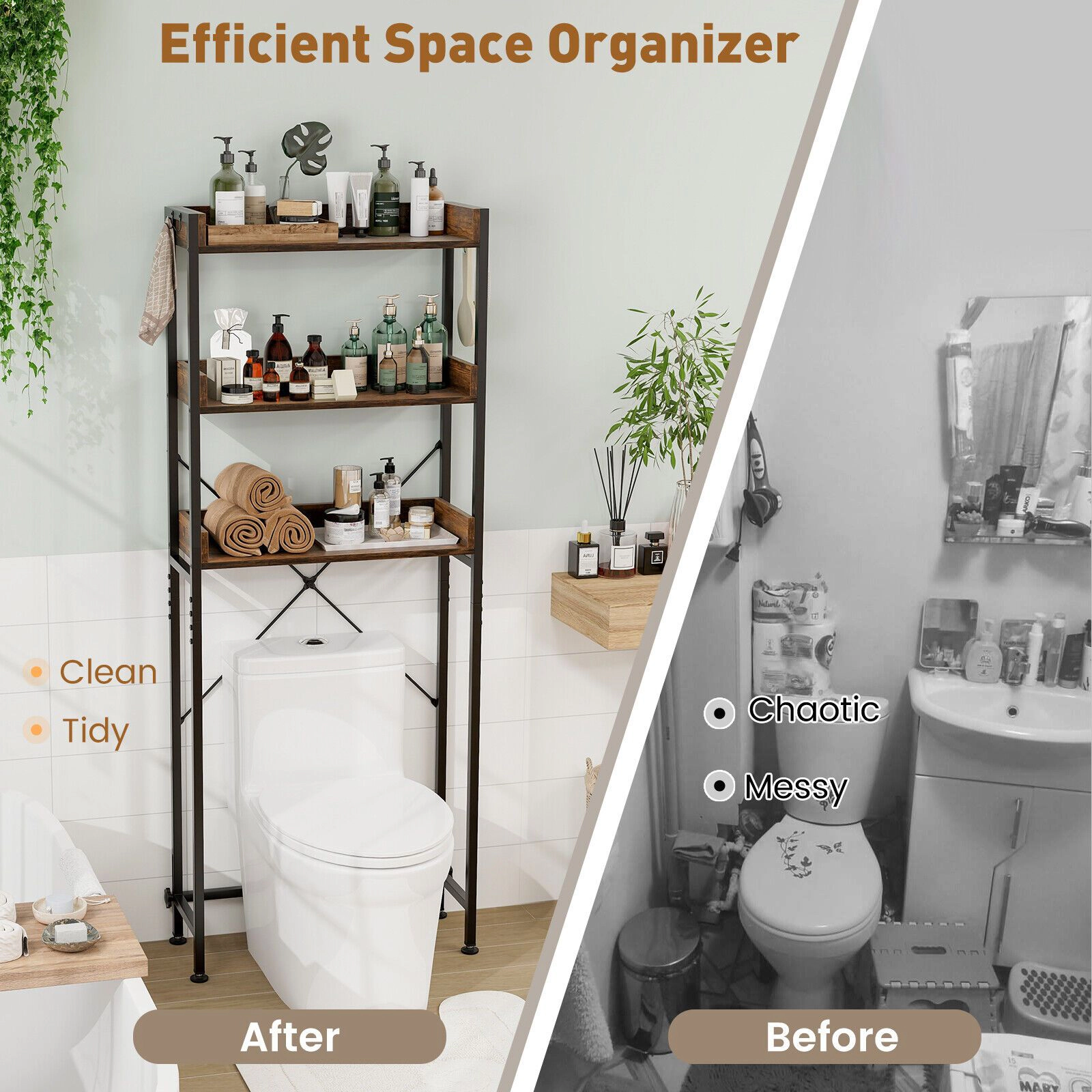 SlickBlue Bathroom Over Toilet Organizer with 3 Shelves and Hooks