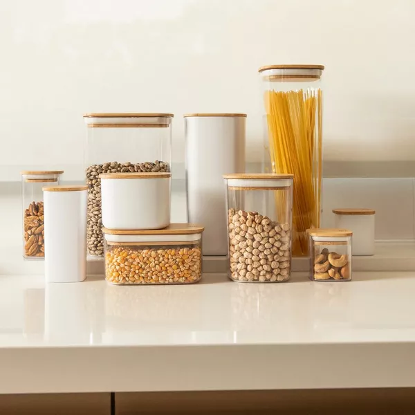 OU Airtight Food Storage Container 6.3cup, Clear Plastic w/ Leak Proof Bamboo Lid, Slim Kitchen Pantry Organizer