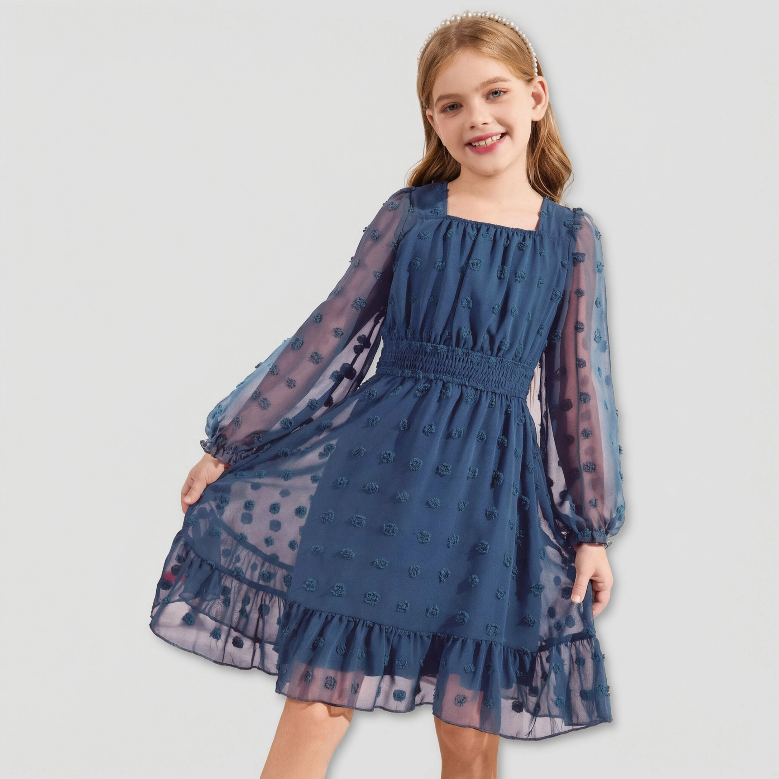 Arshiner Girls A-Line Dresses Chiffon Long Sleeve Square Neck Swiss Dot Flowy Casual Party Dress