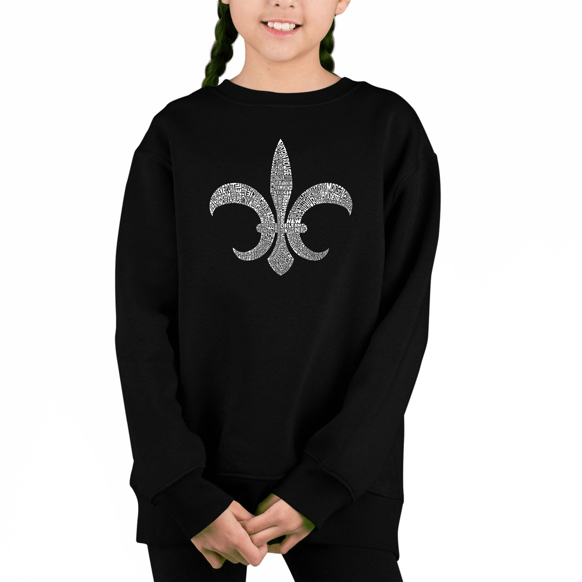 LA Pop Art Girl's Word Sweatshirt - Fleur De Lis Popular Louisiana Cities