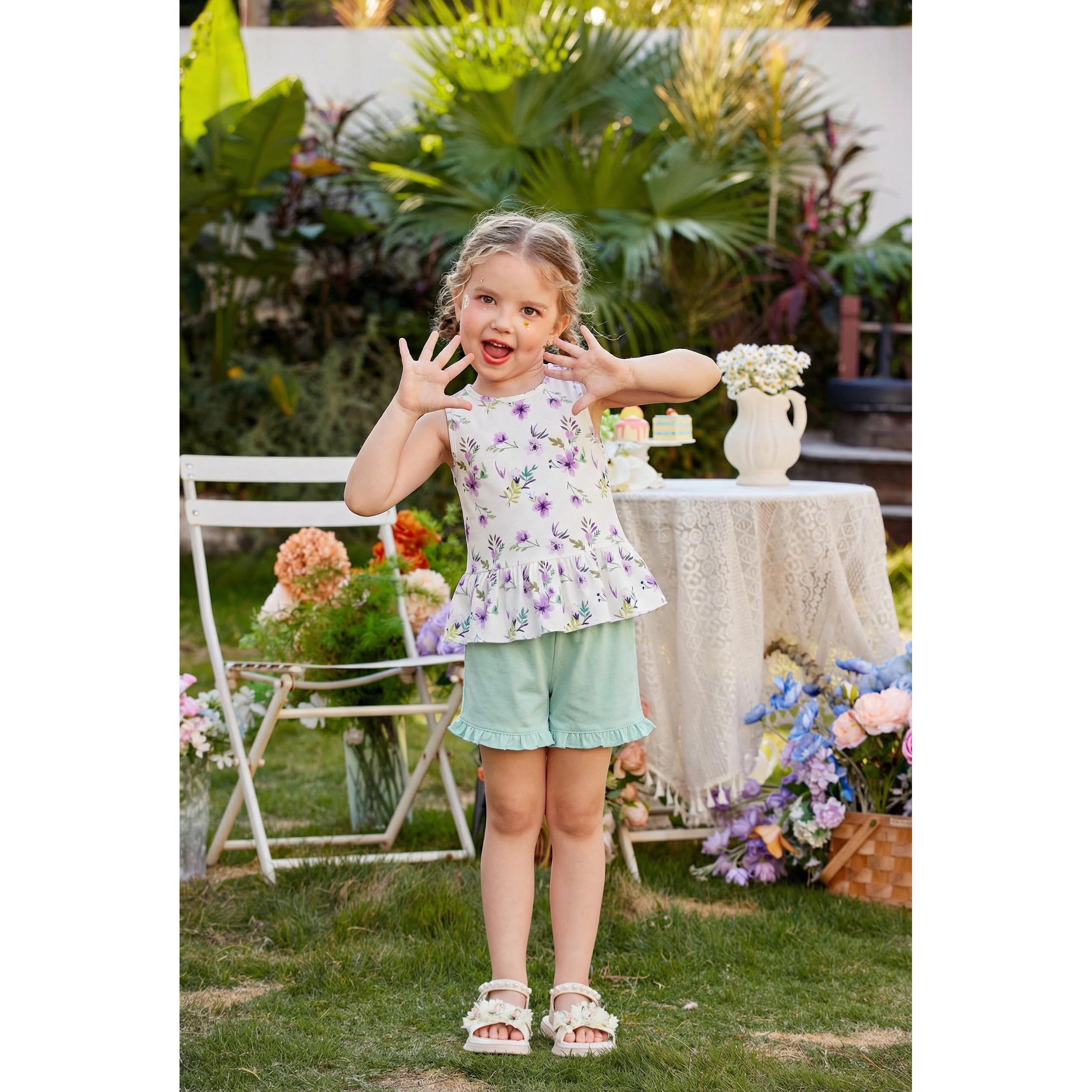 Arshiner Girls Summer Outfit Sleeveless Top And Ruffle Shorts Print