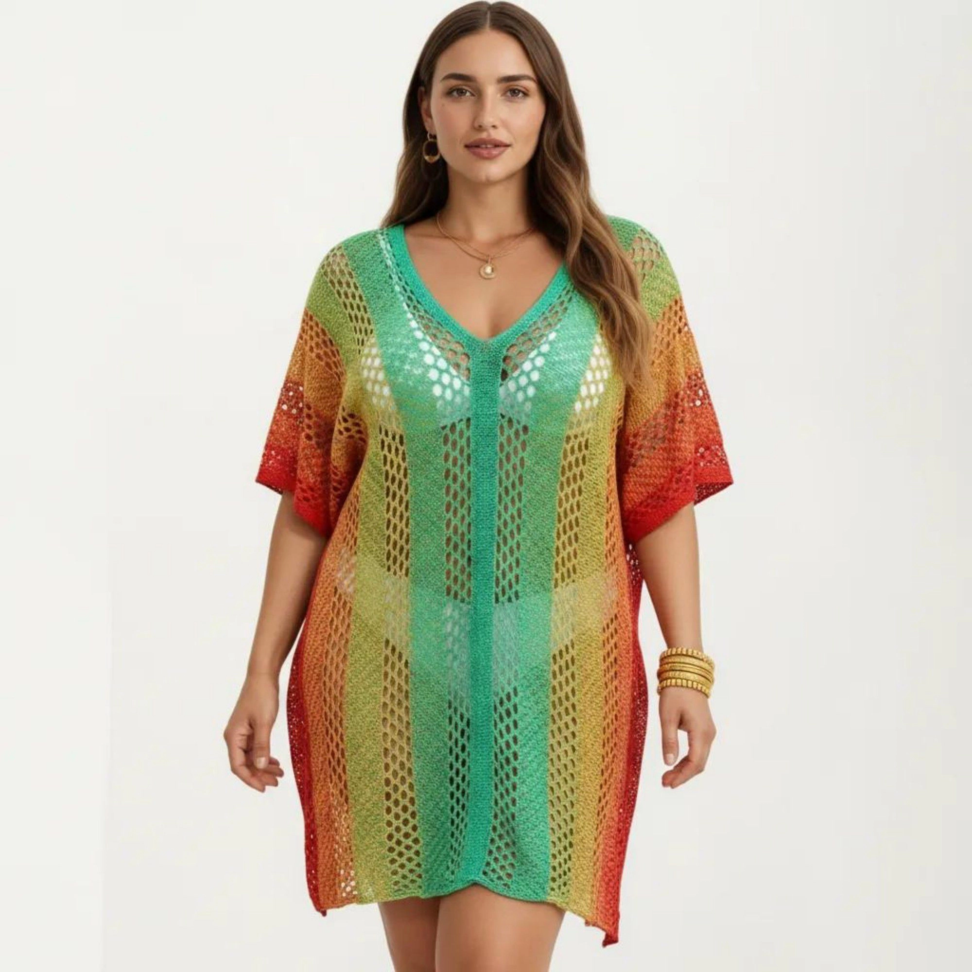 Anna-Kaci Women's Ombre Crochet Open Knit Mesh V Neck Short Sleeve Relaxed Fit Swim Cover Up Dress