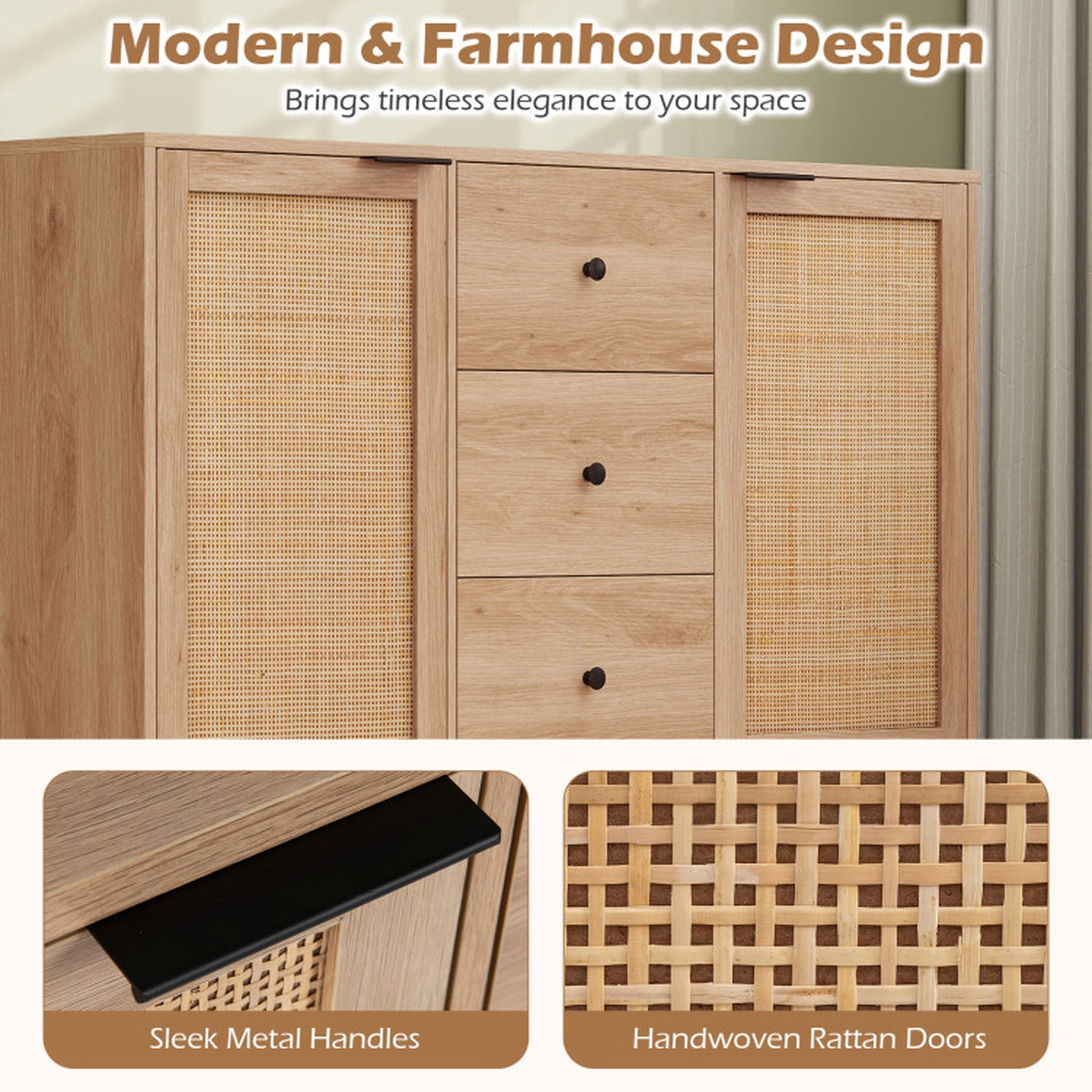 SUGIFT Rattan Door Sideboard Buffet Cabinet Coffee Bar Table 110-lb Tabletop Capacity Brown/Natural