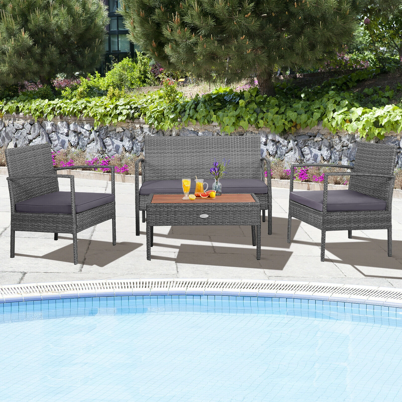 SUGIFT Gray Acacia Wood Tabletop and Cushions 4-Piece Rattan Patio Conversation Set