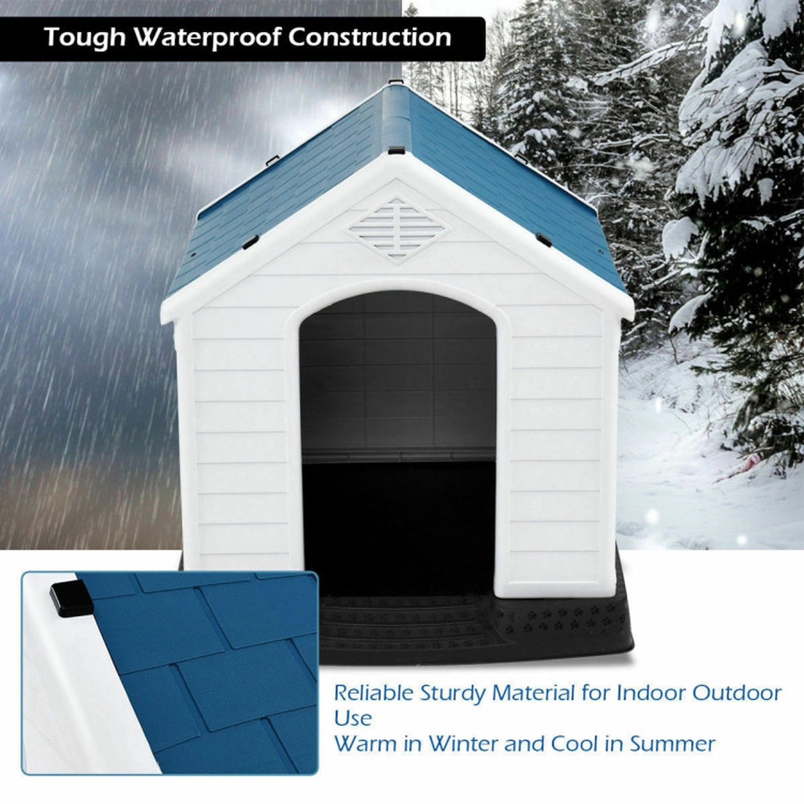 SUGIFT Blue and White Waterproof Plastic Dog House with Raised Floor and Vents 33.5-in W 30.5-in D 33-in H