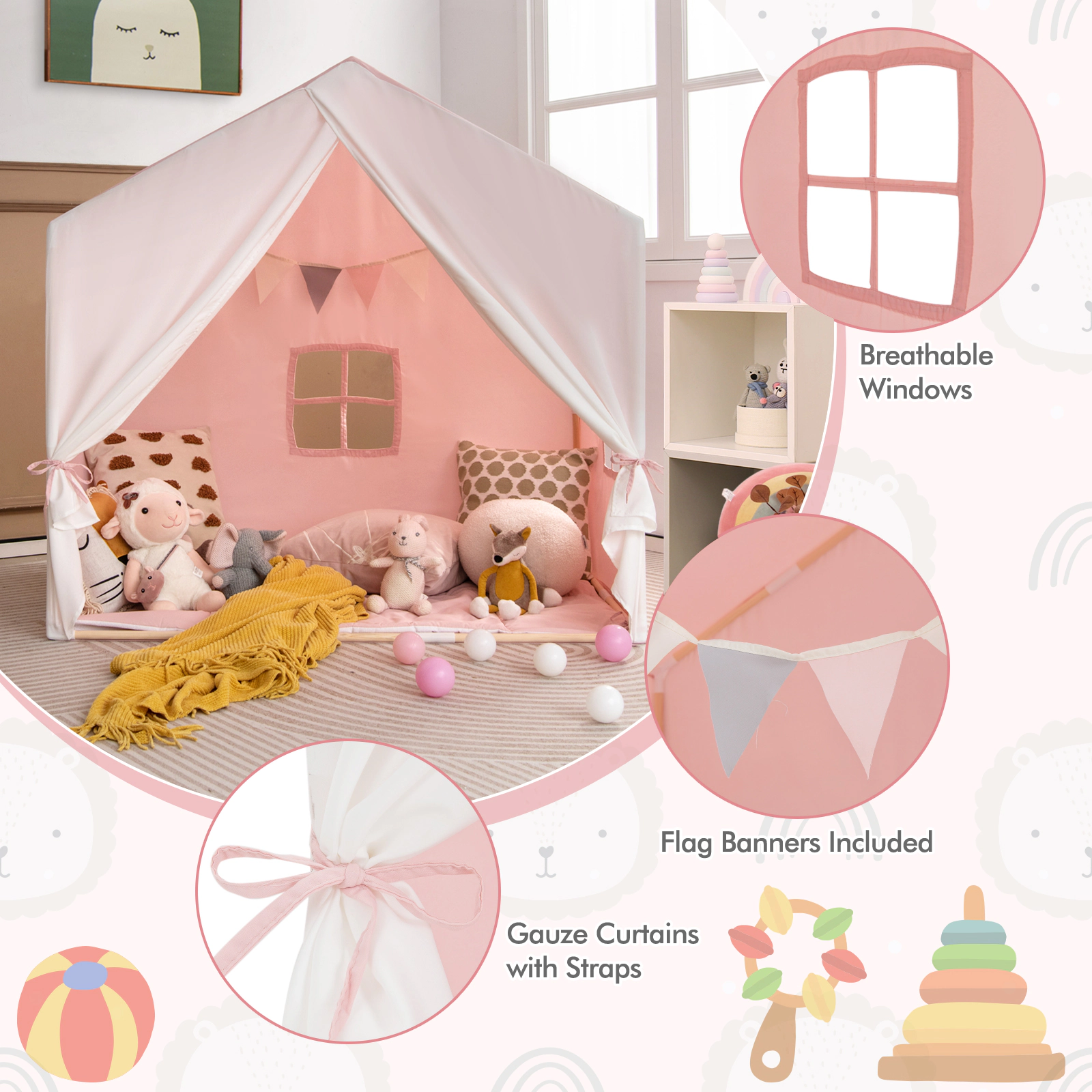 SUGIFT Kid's Play Tent with Washable Cotton Mat and Flag Banner 52-in Long Ages 3+ Pink Orange Bed Tent
