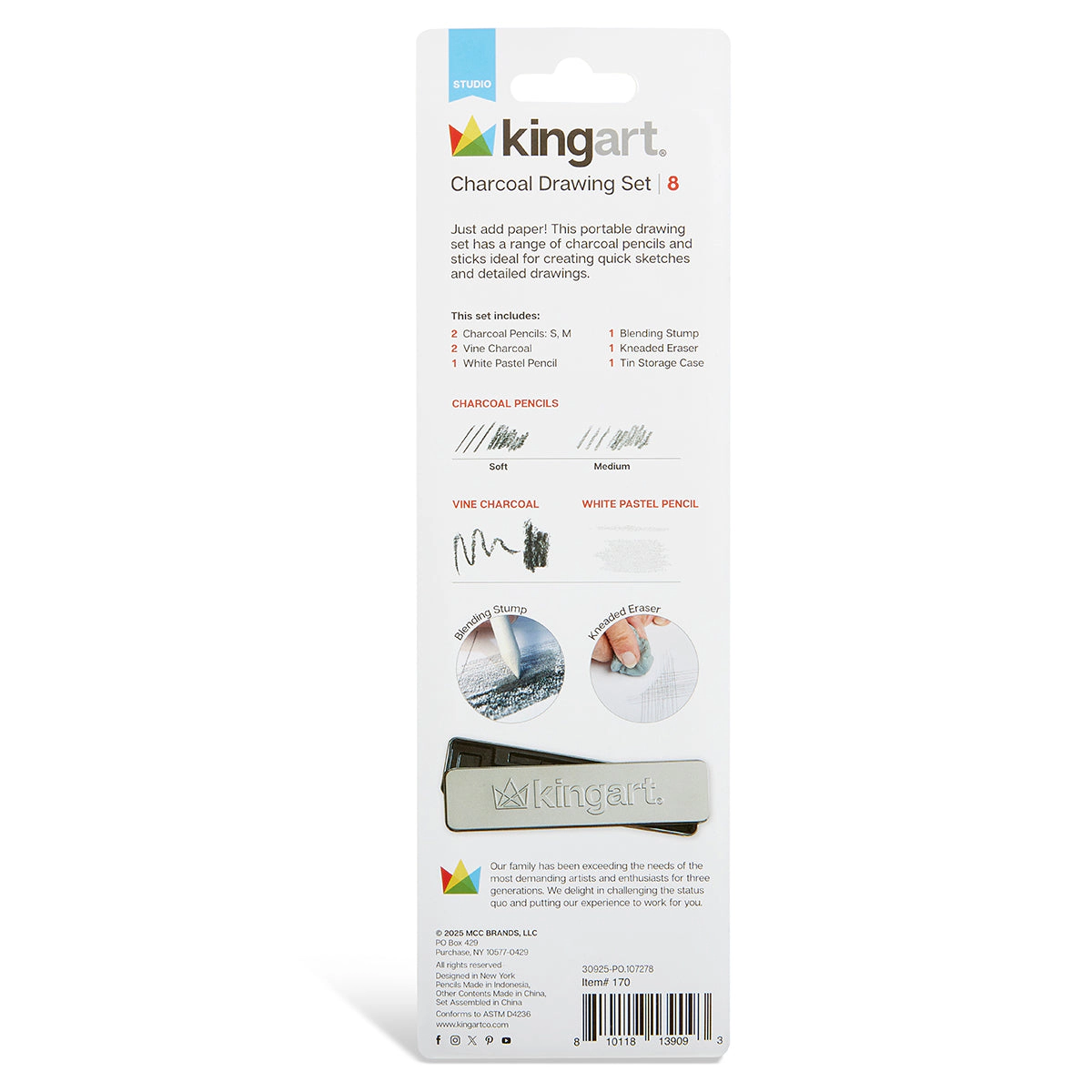KINGART Charcoal Drawing & Sketching Tin Set - 8 pc