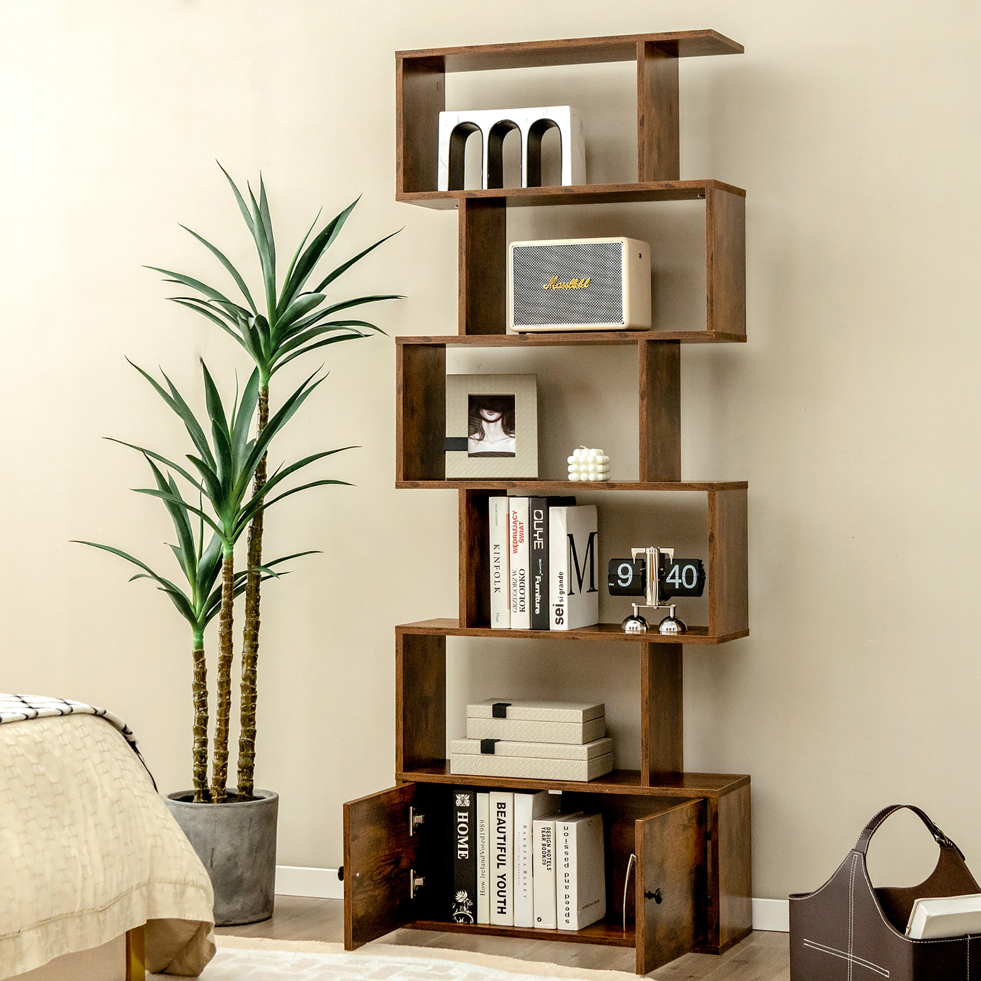 Costway Bookshelf with Cabinet 6-Tier S-Shaped Bookcase Storage Rack White