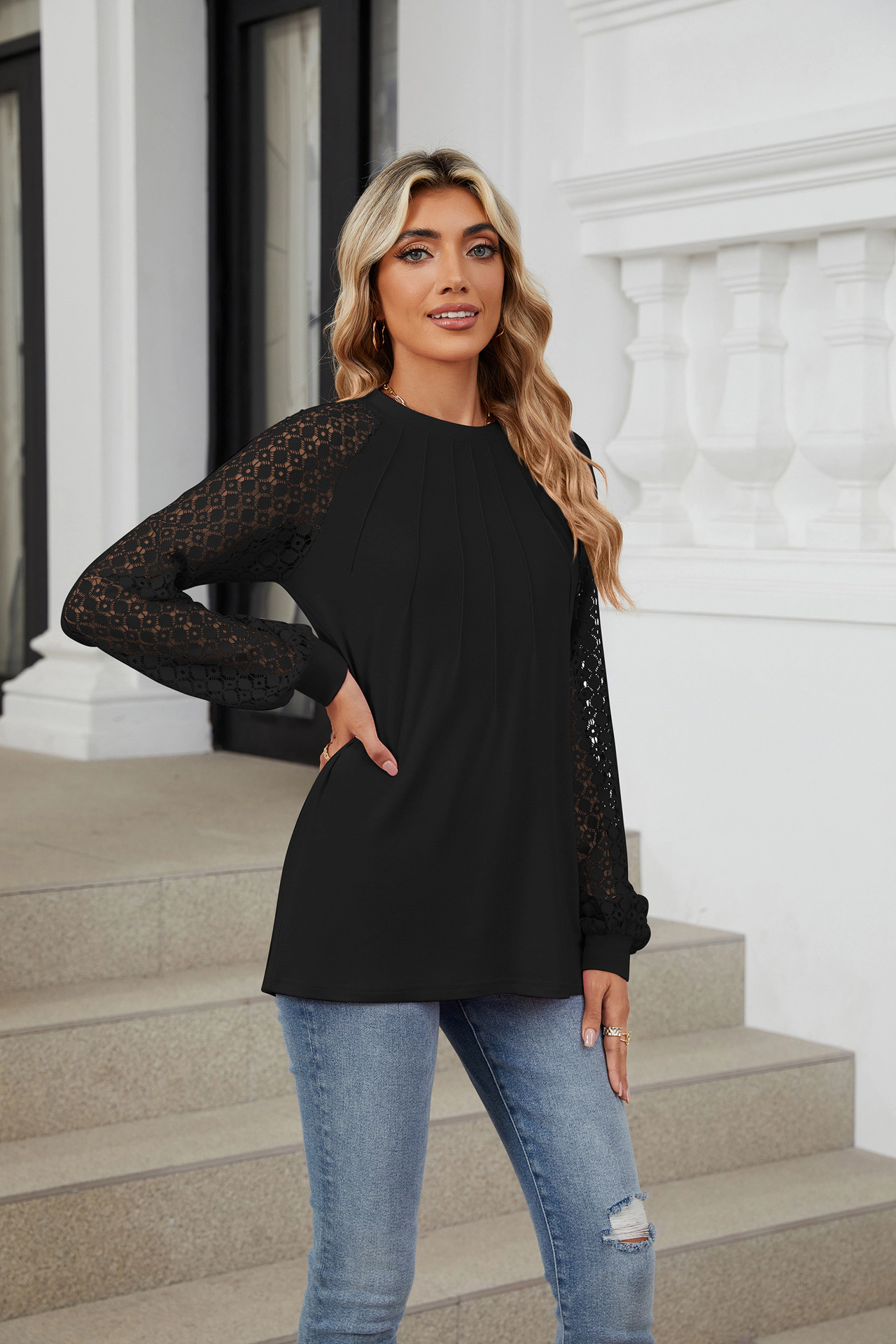 Enchanted Funland Womens Crew Neck Pleated Front Lace Raglan Long Sleeve Tops