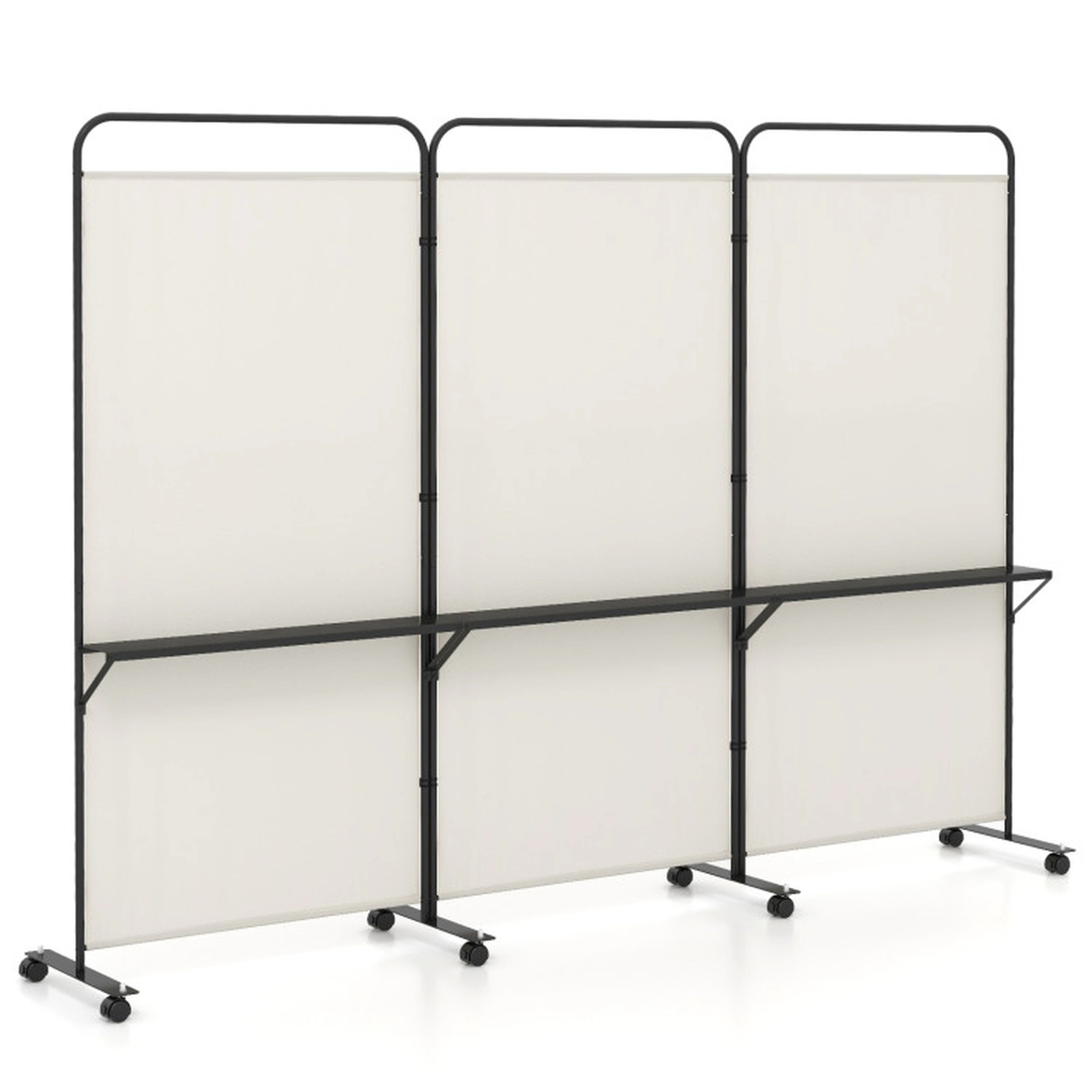 SUGIFT 3-Panel Folding 3 Metal Shelves Room Divider Screen 103-in x 18-in x 74-in 8 Lockable Wheels Beige