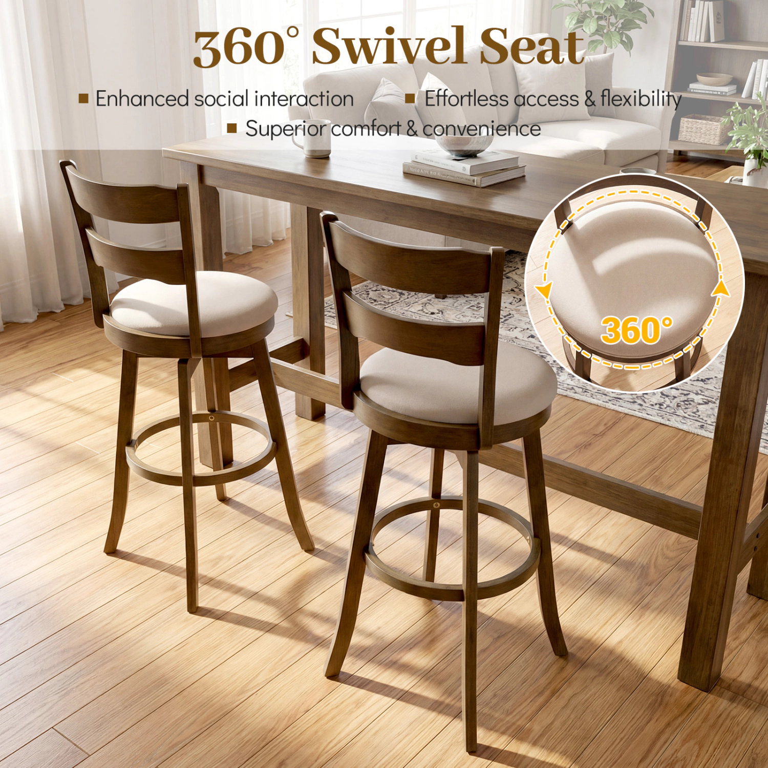 Glintex 2-Piece 30.5-Inch Swivel Bar Stool Set with 350-Lb Capacity, Ash Wood + Sand