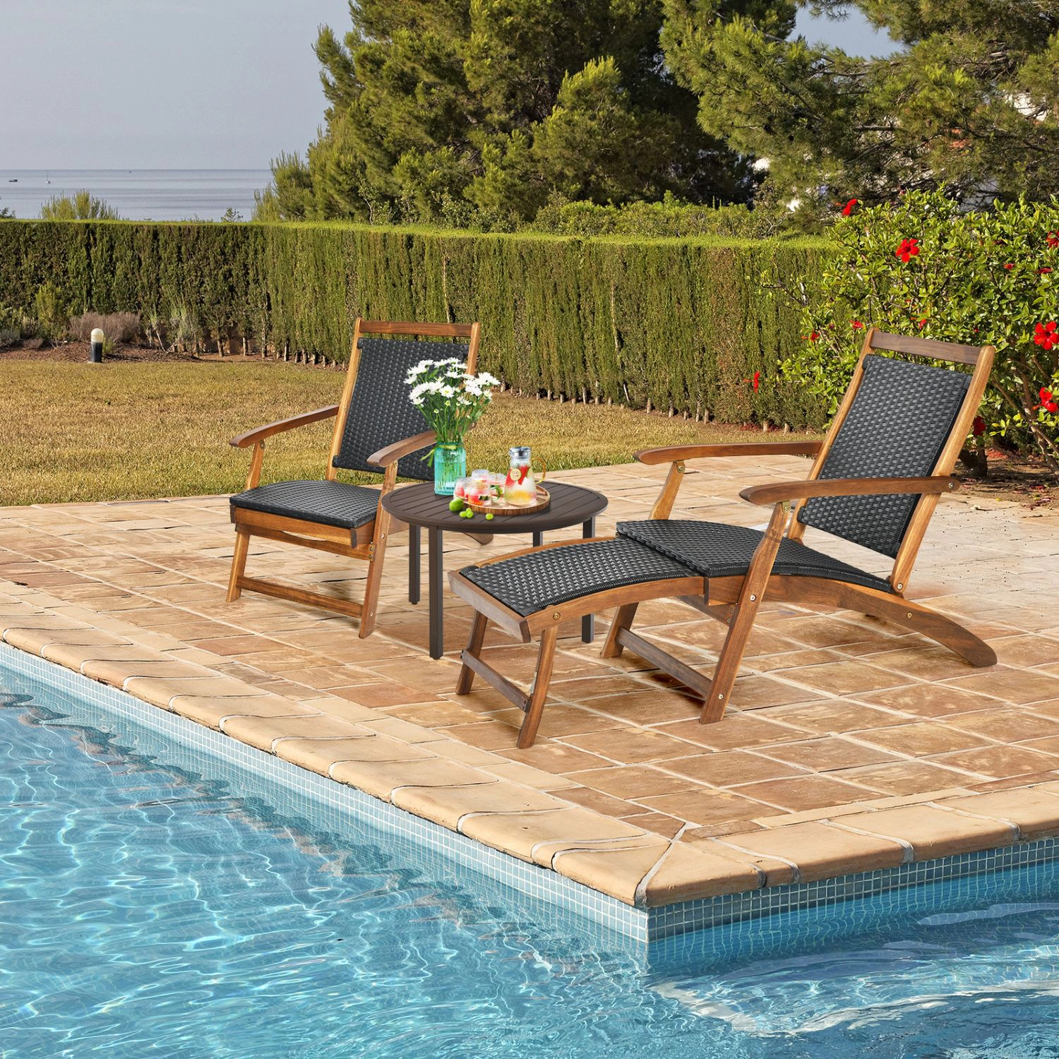 SlickBlue Outdoor Folding Lounge Chair with Footrest and Rattan