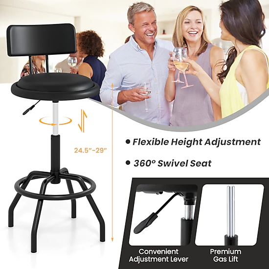 Glintex Adjustable Swivel Counter Stool with Padded Seat and Curved Back, Black
