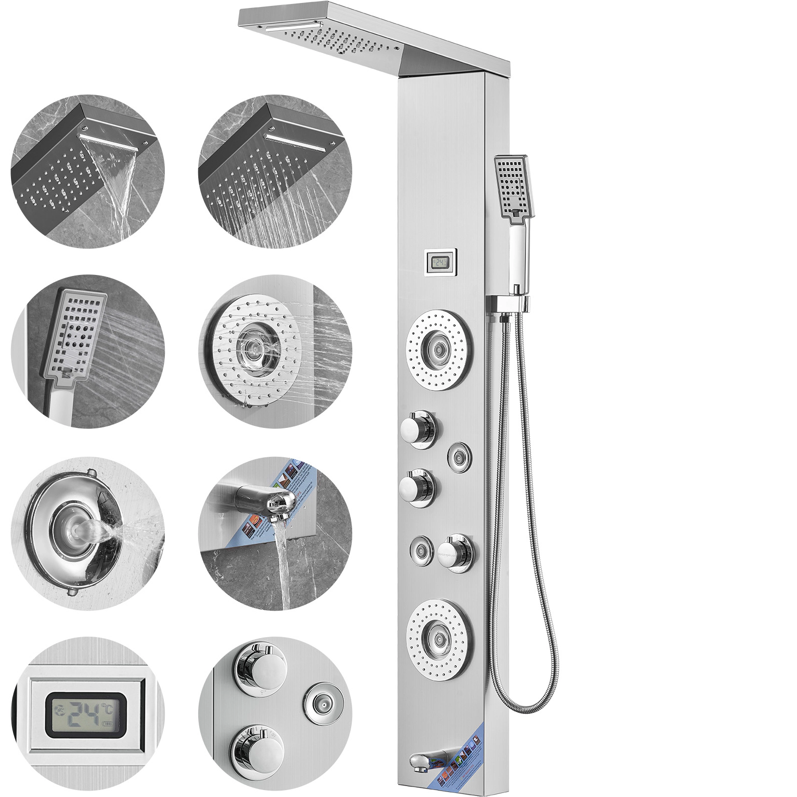 HONGGE 6-Mode Shower Tower Panel, LED & Digital Display, Rainfall, Waterfall, 4 Body Massage Jets