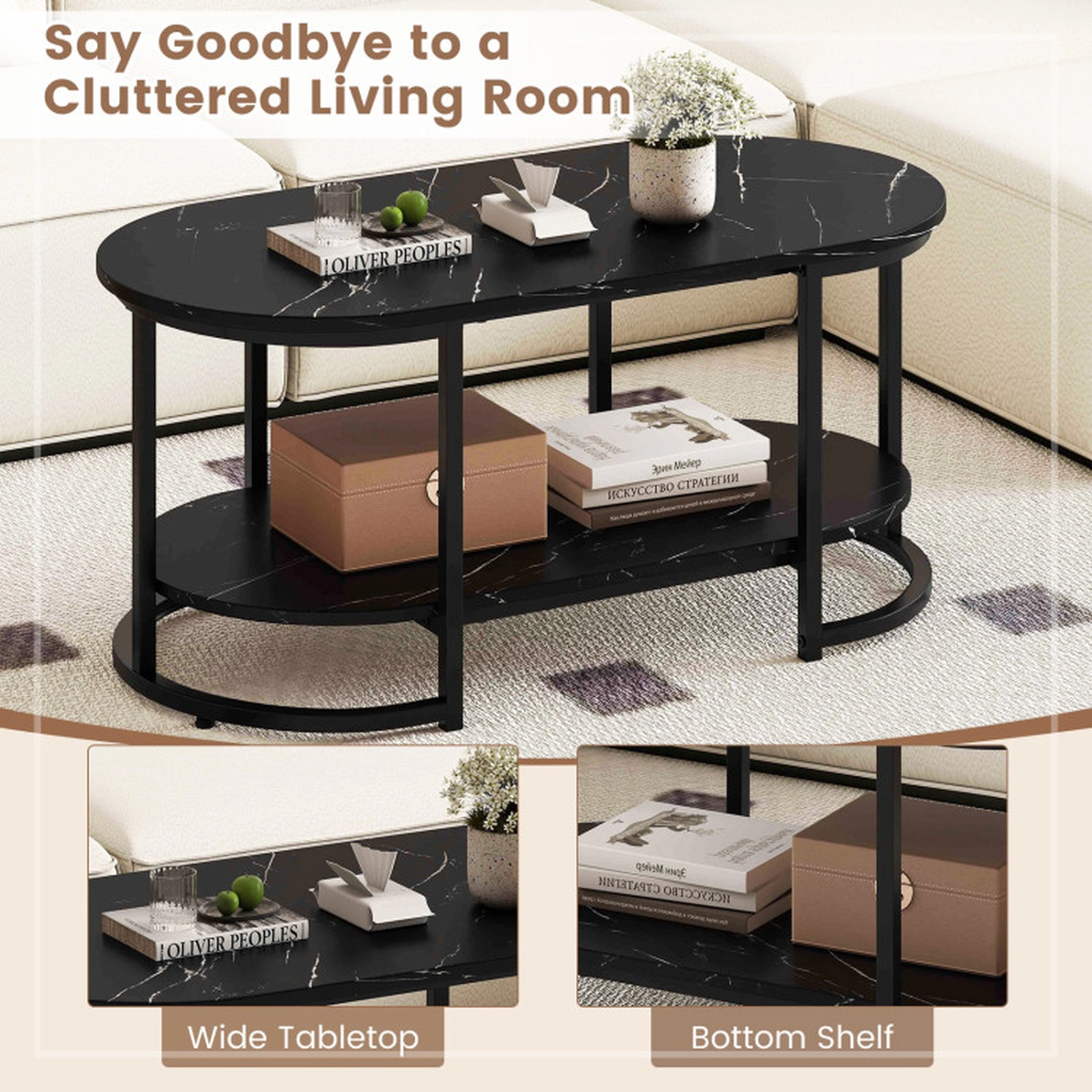 SUGIFT Oval Faux Marble Top 2-Tier Open Storage Coffee Table 39.5-in x 19.5-in x 18-in 88-lb per Shelf Black