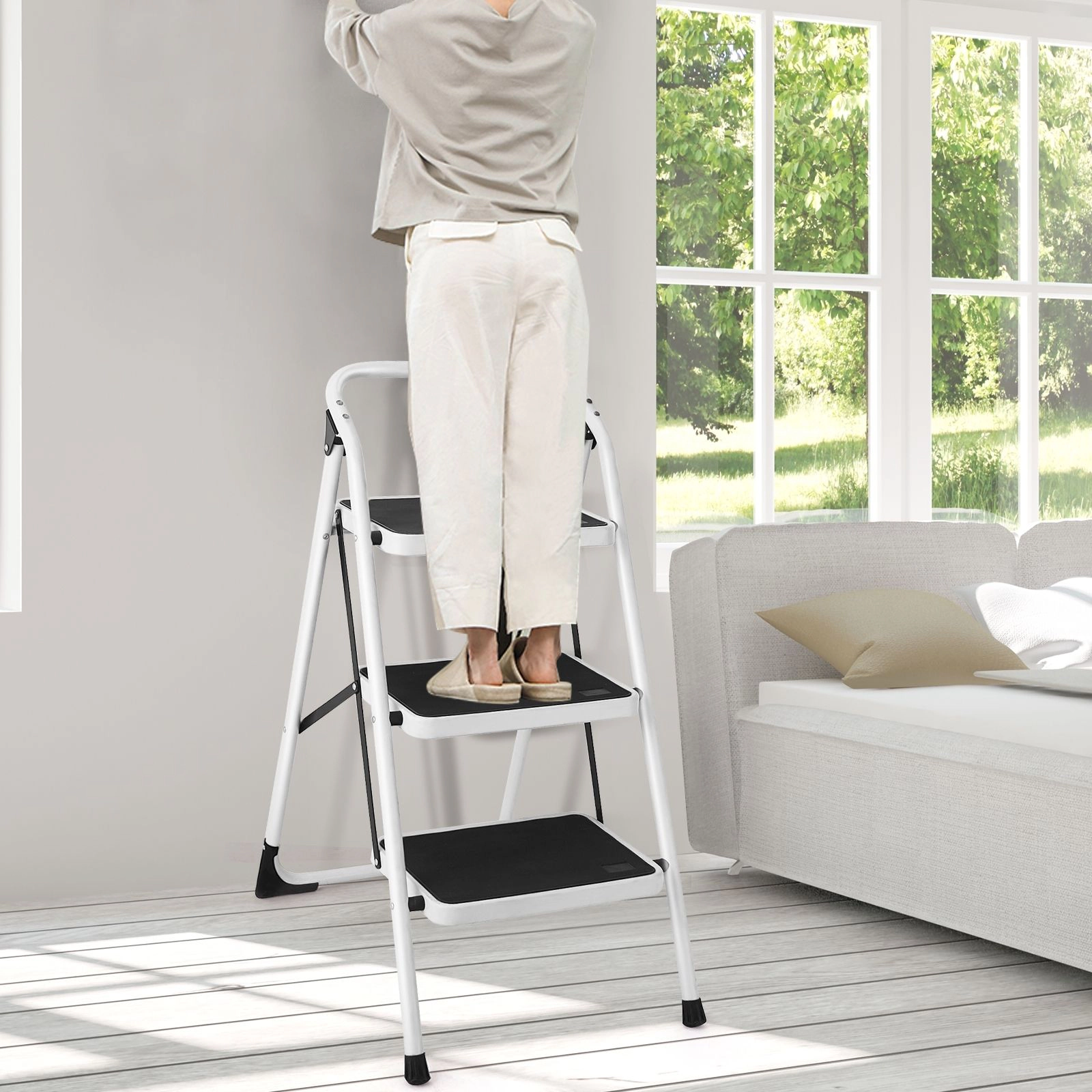 SlickBlue 3-Step Step Stool Ladder, Foldable, Anti-Slip Wide Steps