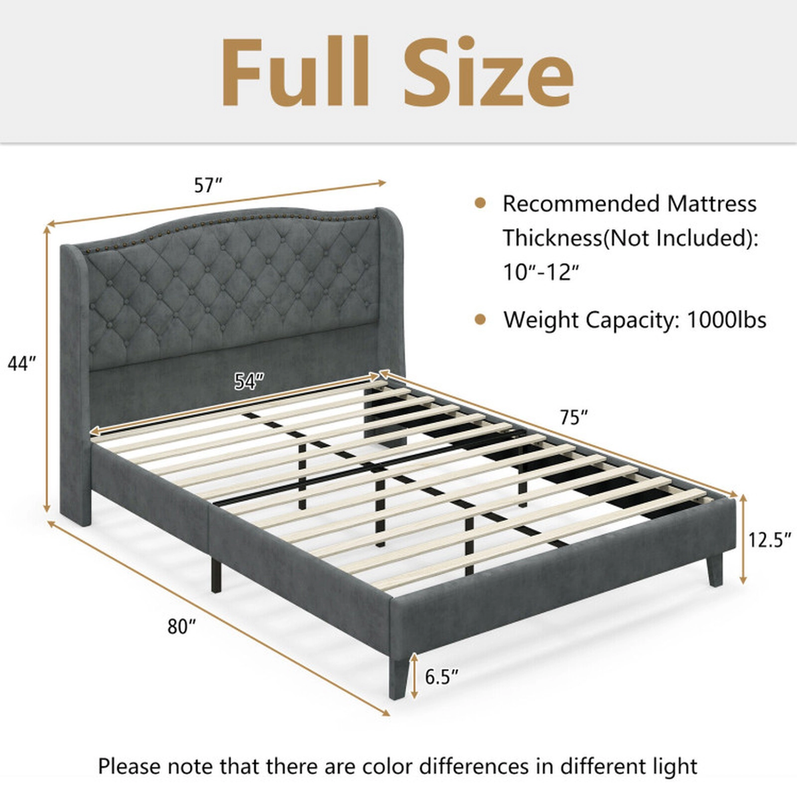 SUGIFT Full/Queen Upholstered Platform Bed Frame with Button Tufted 44-in Headboard 1000-lb Capacity Gray