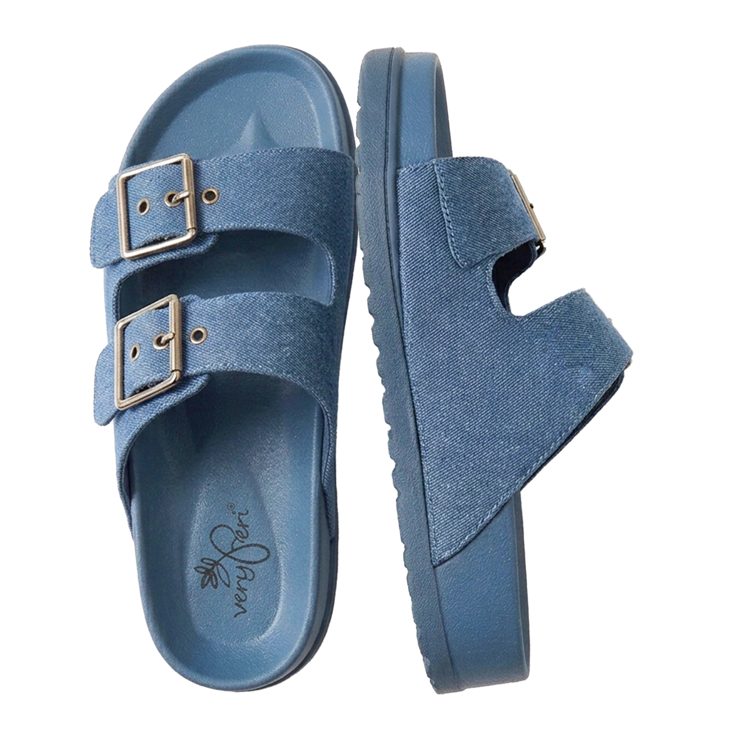 Roxoni Women's Open Toe Denim Double Adjustable Buckle Sandal Slipper