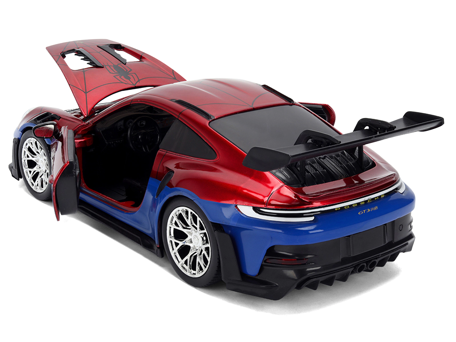 Jada Porsche 911 GT3 RS (992) Red and Blue with Graphics and Spider-Man Diecast Figure "Marvel Spider-Man"