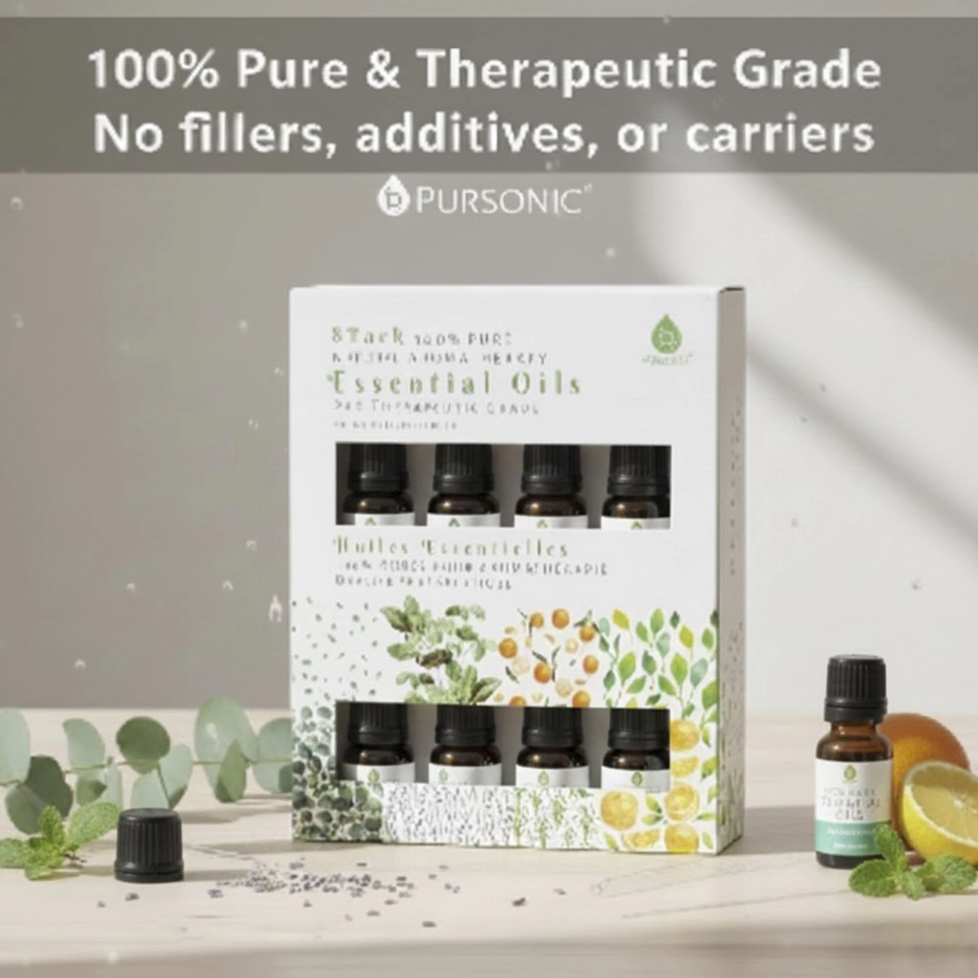 Pursonic Unisex 100% Pure Aromatherapy Essential Oil Collection – 8-Pack Natural Therapeutic Grade Oils Set