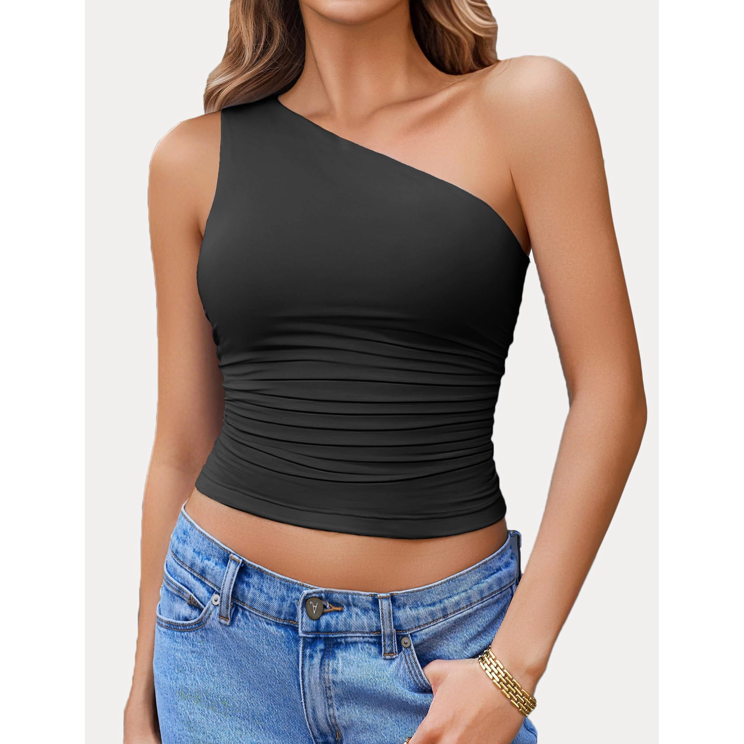 Avidlove Women's One Shoulder Double Lined Ruched Crop Tank Top