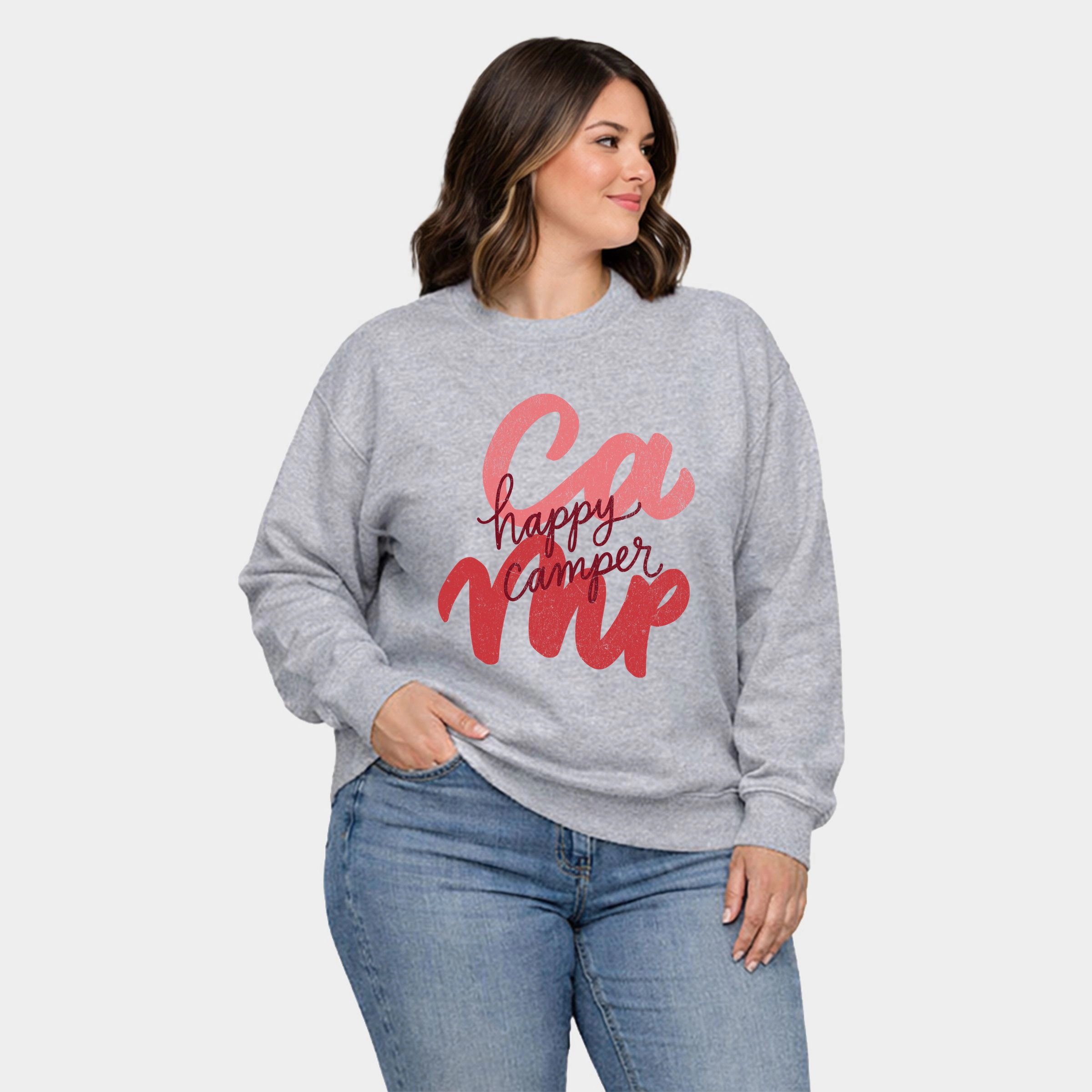 Simply Sage Market - Happy Camper Cursive  Women's Plus Sized Graphic Sweatshirt