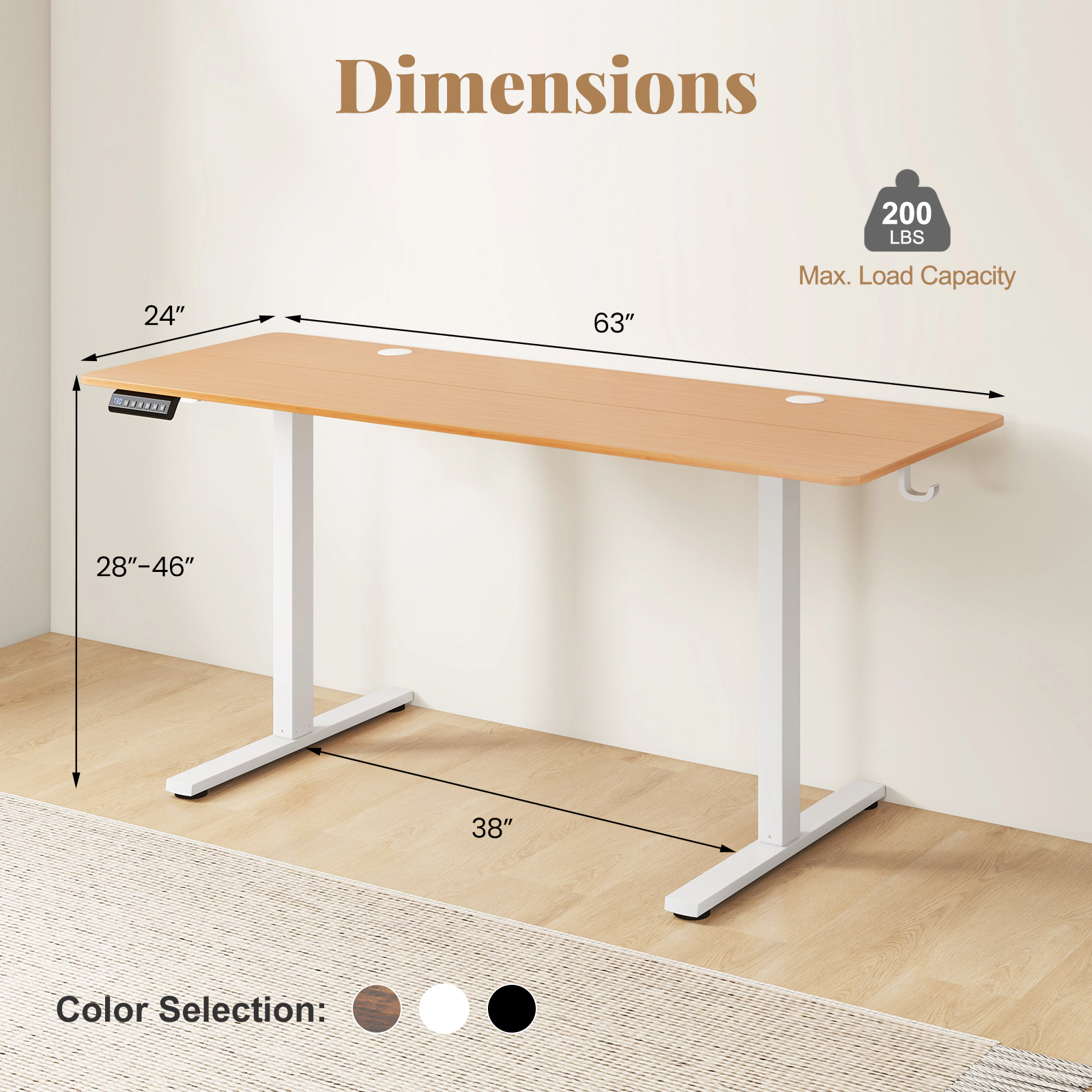SUGIFT 63 in x 24 in Natural Electric Standing Gaming Desk with Hooks