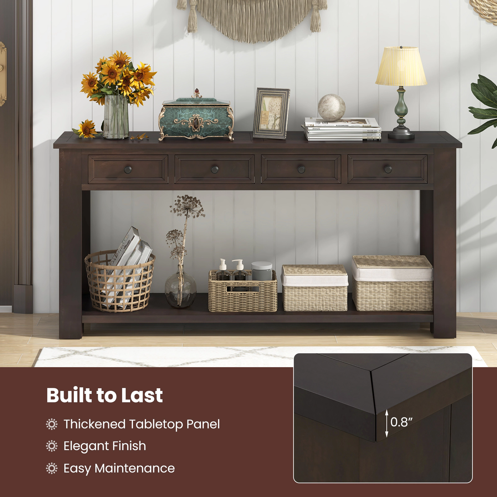 Hivvago 63 Inches Farmhouse Entryway Table with 4 Storage Drawers and Open Shelf