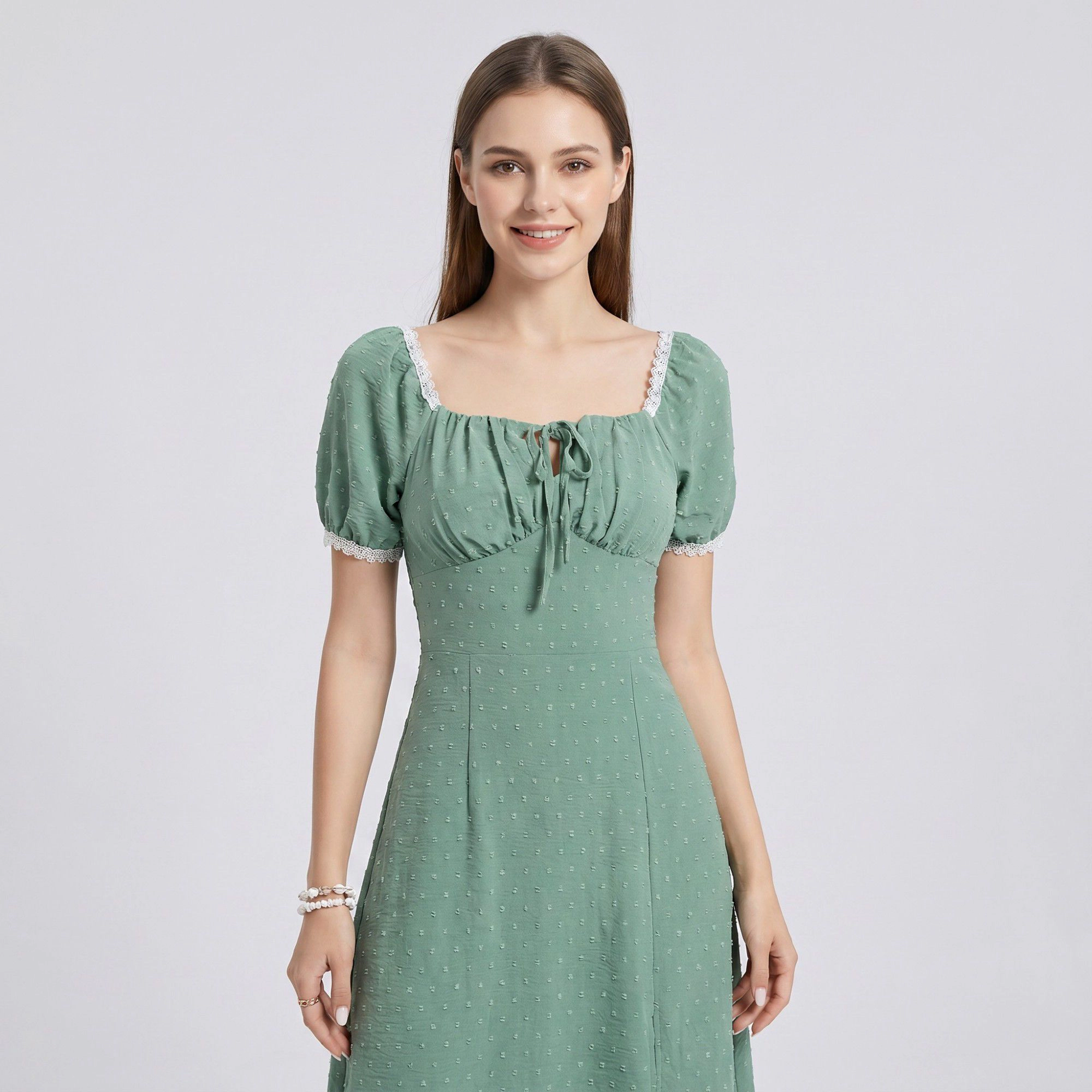Anna-Kaci Women's Swiss Dot Puff Sleeve Lace Trim Square Neck Tie Front Slit Fitted Midi Dress