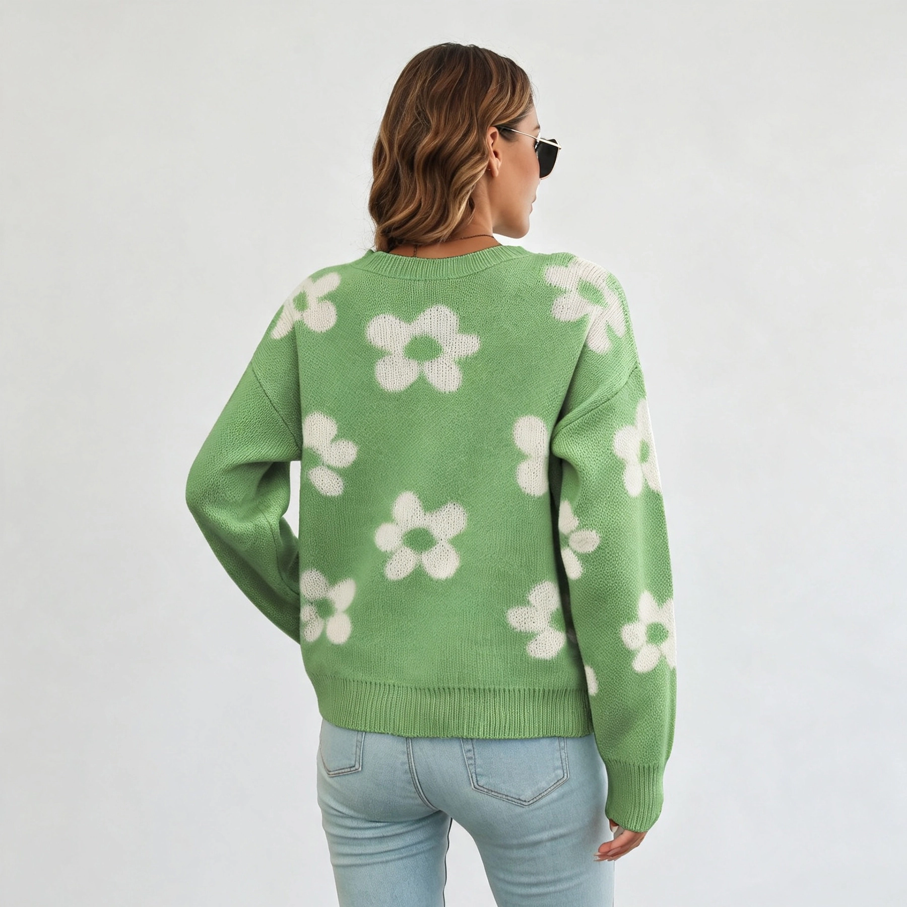 YesFashion Women Floral Sweaters Trendy Long Sleeve Cozy Winter Fall Crewneck Knit Pullovers