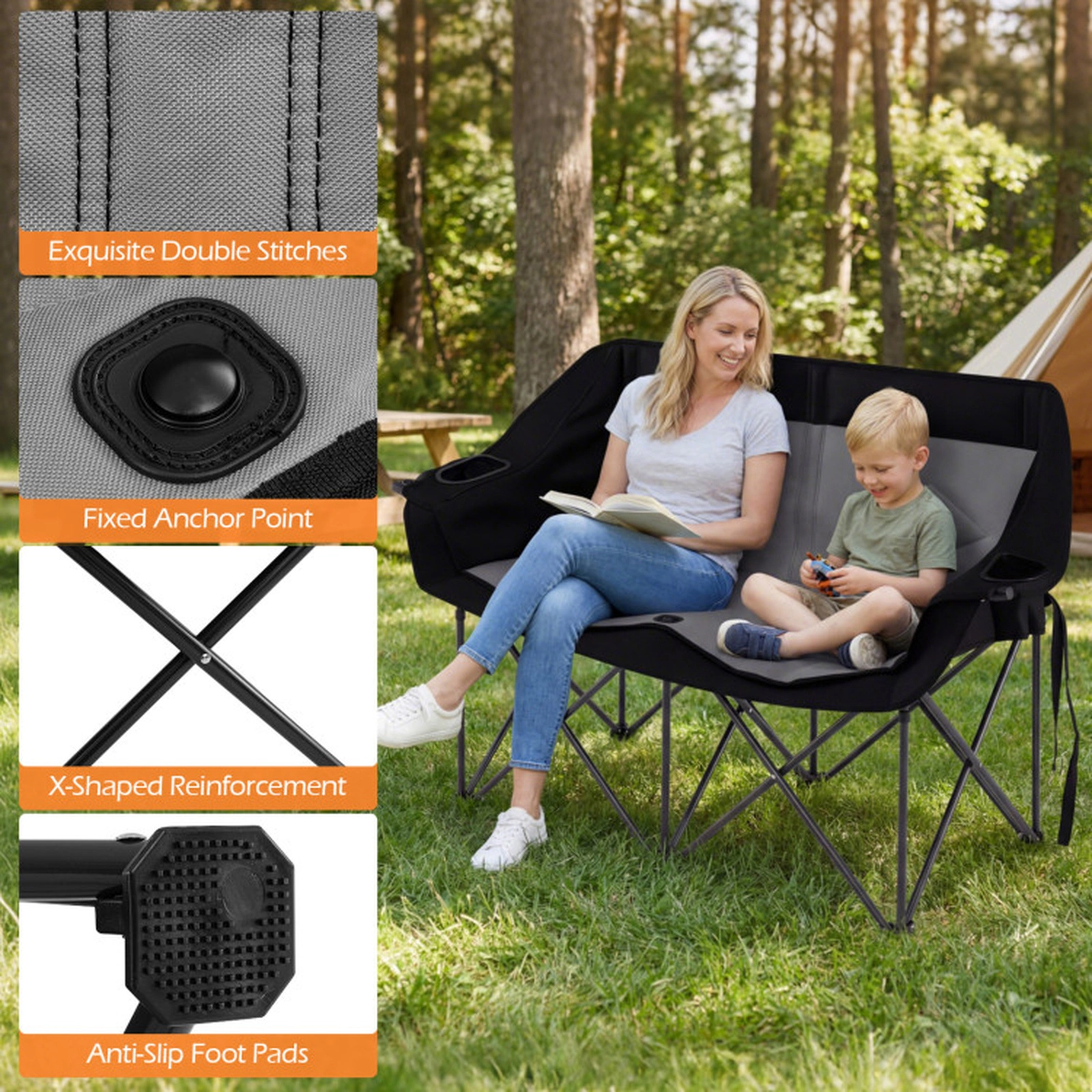SUGIFT Dark Gray Double Camping Chair with Cup Holders and Glass Racks 58-in W 22-in D 37-in H 660-lb Seat Capacity