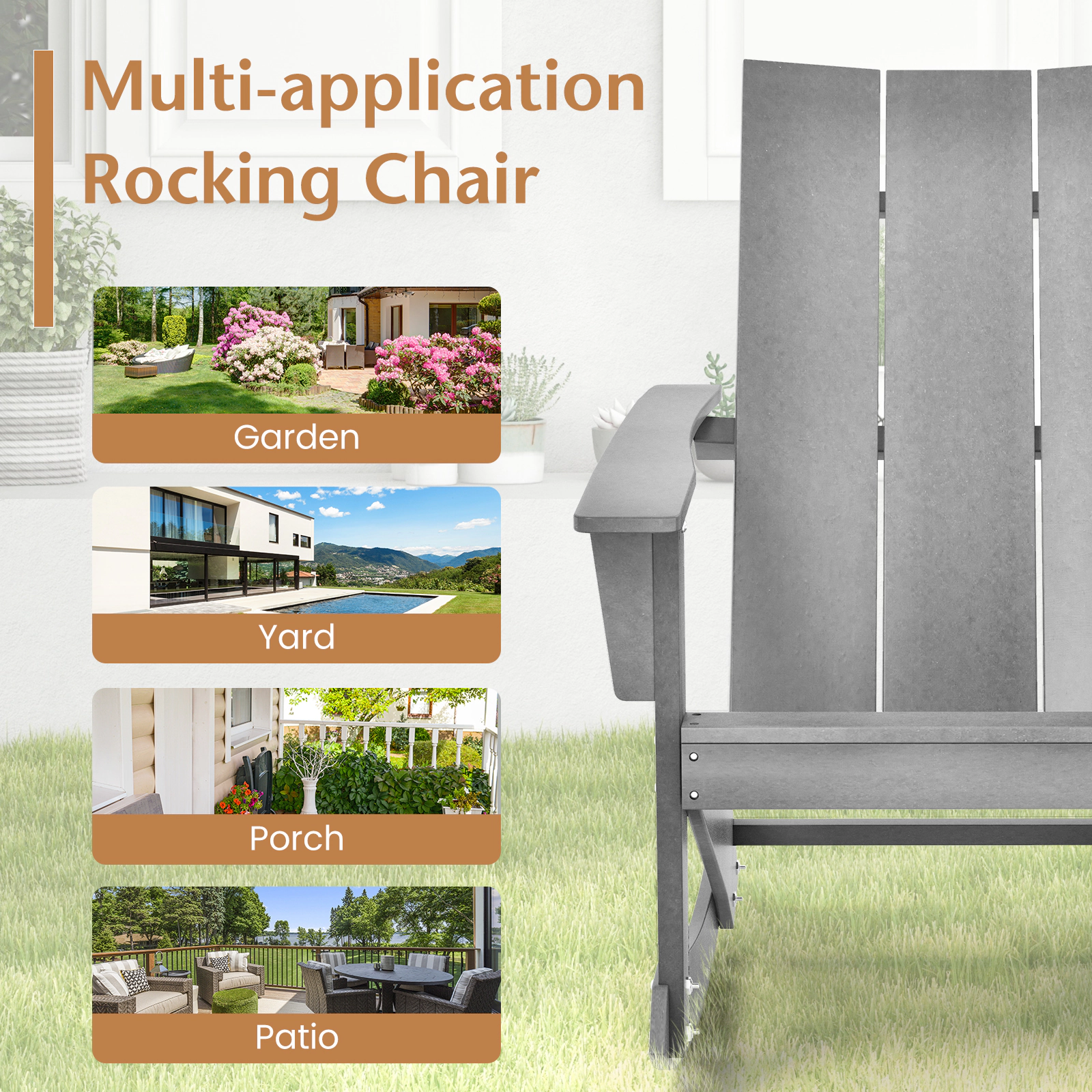 SUGIFT Curved Back Adirondack Rocking Chair with 16-in Seat Height 330-lb Capacity 1-Piece Gray