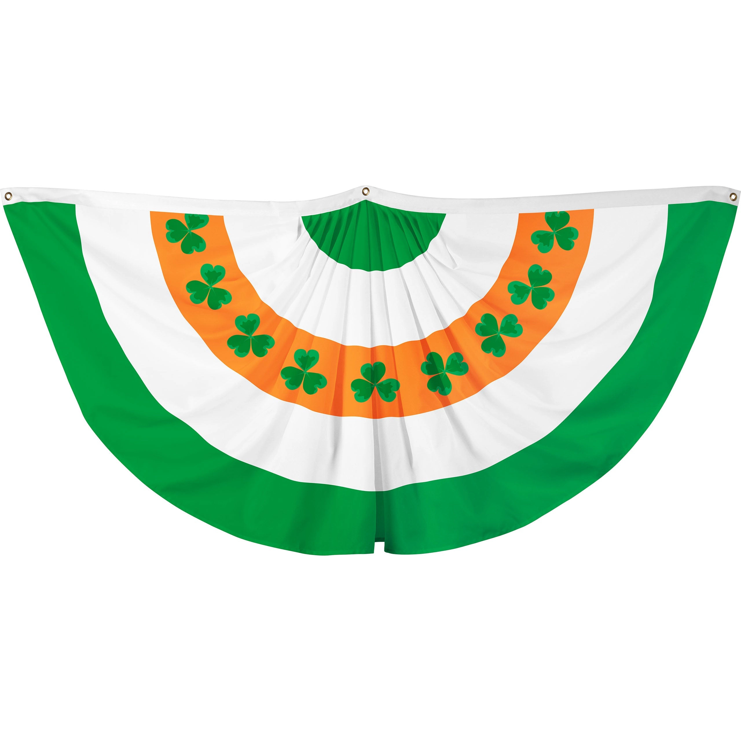 G128 Ireland Shamrock Pleated Fan Flag, 3 x 6 ft Polyester, Brass Grommets, St. Patrick's Day Decor