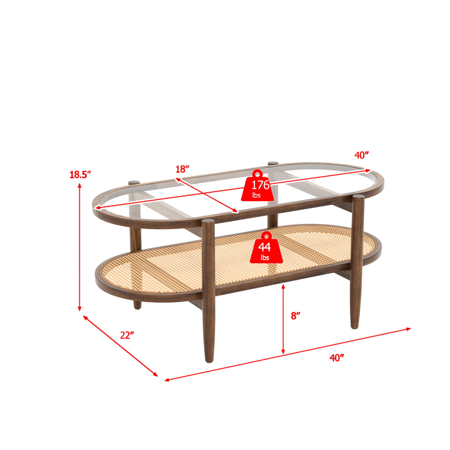 Hivvago Acacia Wood Coffee Table with Clear Glass Top and Lower Storage Shelf
