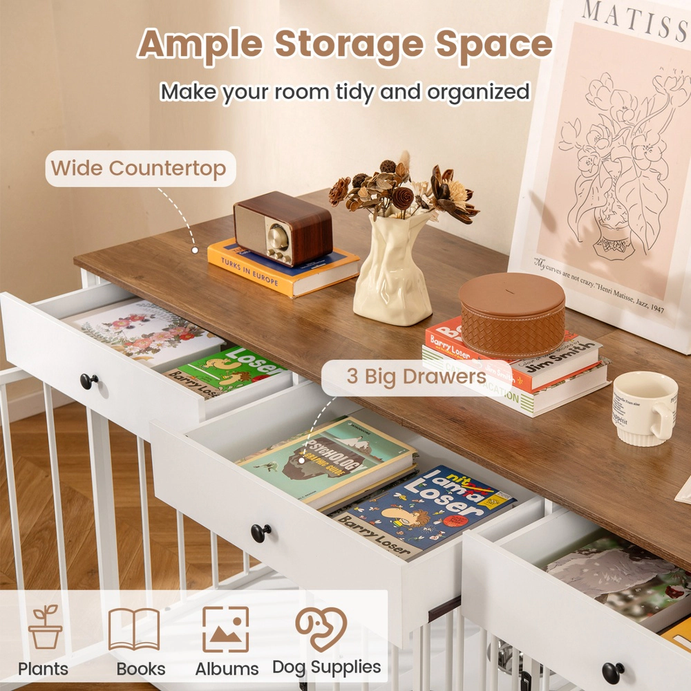 SUGIFT 71 in Dog Crate Furniture White Double Kennel with Divider 3 Drawers and Pull-out Feeder